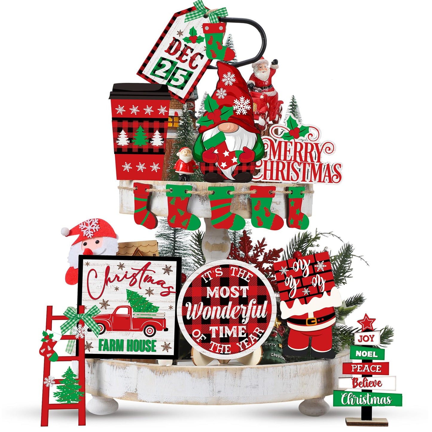 Tradder 14 Pcs Christmas in July Tiered Tray Decor Christmas Stockings Red Truck Xmas Tree Santa Wooden Signs Xmas Table Decorations Rustic Farmhouse Ornaments for Home Shelf