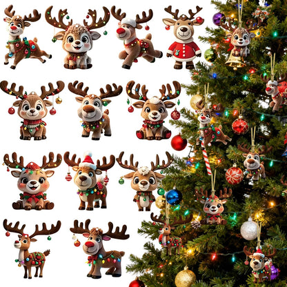 Christmas Tree Ornament Decoration,12Pcs Christmas Tree Acrylic Pendant, Cute Reindeer Xmas Tree Accessories Christmas Pendants Hanging, Funny Reindeer Christmas Ornaments