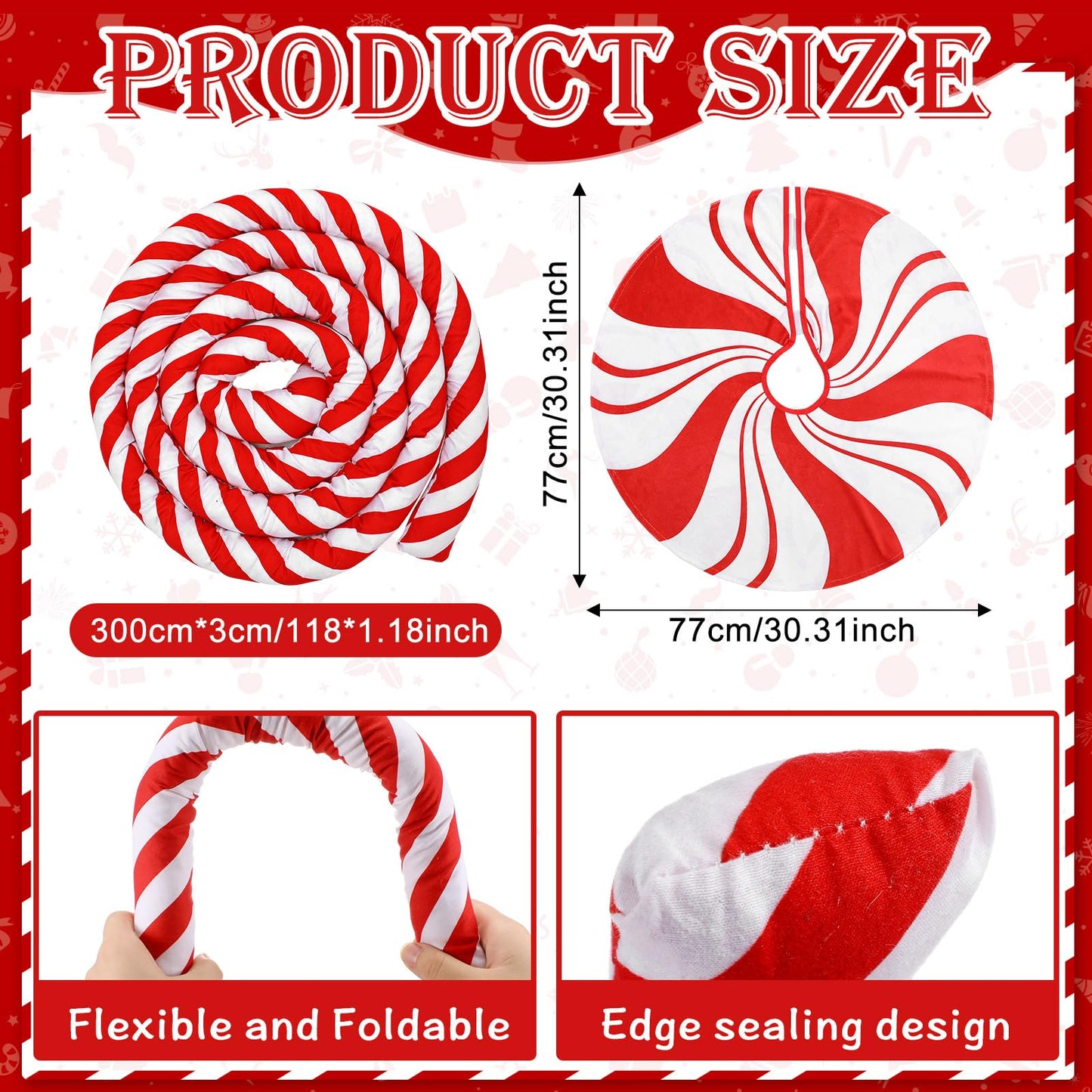 RoundFunny 9.84 ft Christmas Candy Cane Garland with 30 Inch Red Swirl Tree Skirt Red and White Christmas Ornaments Sweet Peppermint Tree Skirt Home Decoration for Xmas Holiday Party Supplies