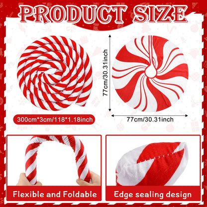 RoundFunny 9.84 ft Christmas Candy Cane Garland with 30 Inch Red Swirl Tree Skirt Red and White Christmas Ornaments Sweet Peppermint Tree Skirt Home Decoration for Xmas Holiday Party Supplies