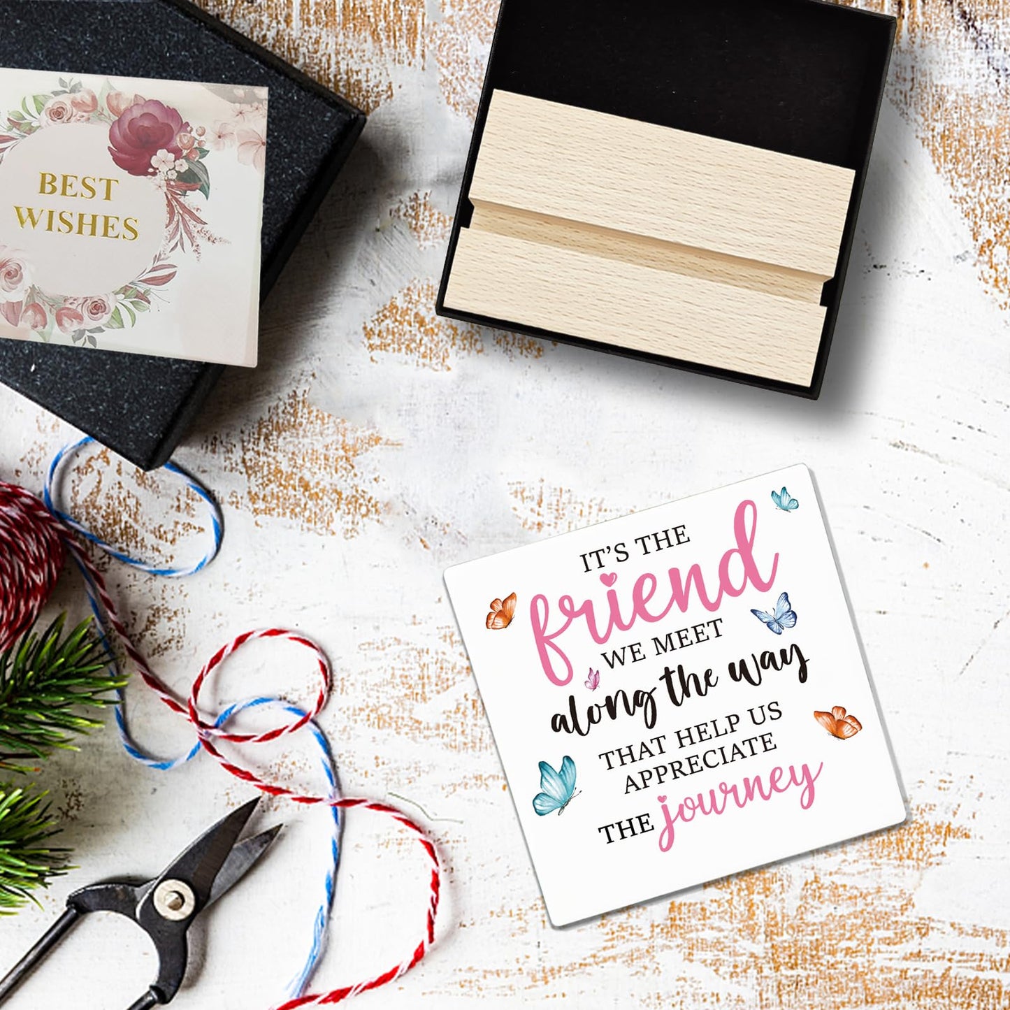 REWIDPARTY Friendship Gifts for Women Motivational Friendship Ceramic Sign Keepsake Christmas Birthday Gifts for Friend Colleague Ceramic Desk Sign Plaque with Wooden Stand for Home Office Decor