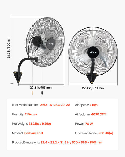 VEVOR Wall Mount Fan, 20 in Wall Mounted Hanging Fan Oscillating, 3-Speed, Long Airflow Distance, Adjustable Rotation Angle, Mechanical Powerful for Industry, Commercial, Garage, Workshop, Gym, 2 Pack