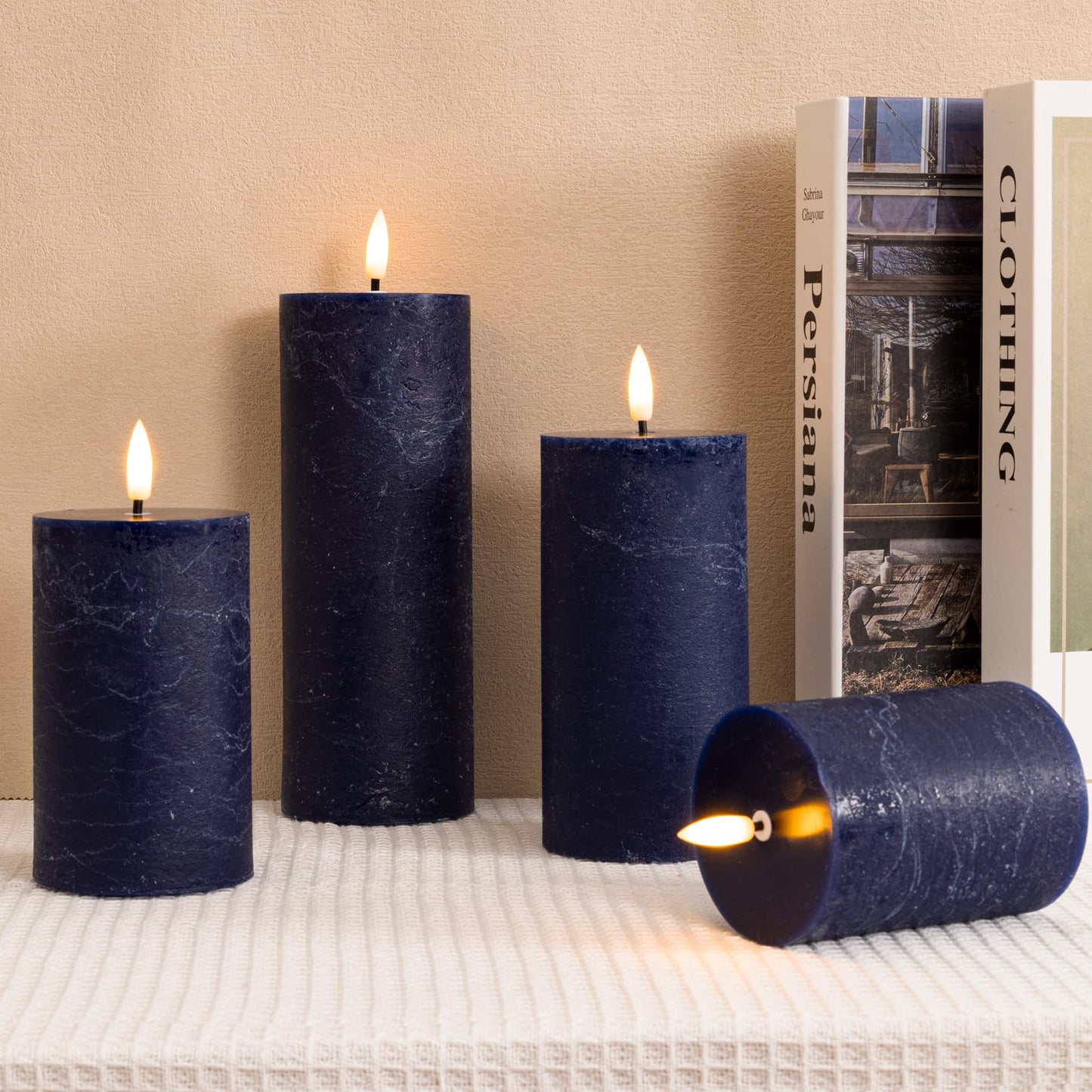 AFINETH Blue Flameless Pillar Candles, Battery Operated Candles with Remote, Real Wax Flickering LED Candles for Home Party Wedding Holiday Decor, Set of 4, Φ 3" H 4" 5" 6" 8"