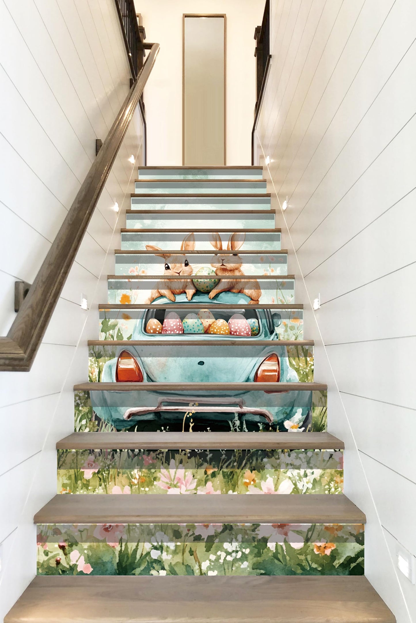 AMAZING WALL Peel and Stick Removable Watercolor Bunny Rabbits Blue Car Eggs Risers Stairs Self Adhesive Wall Sticker Set 12 PCS