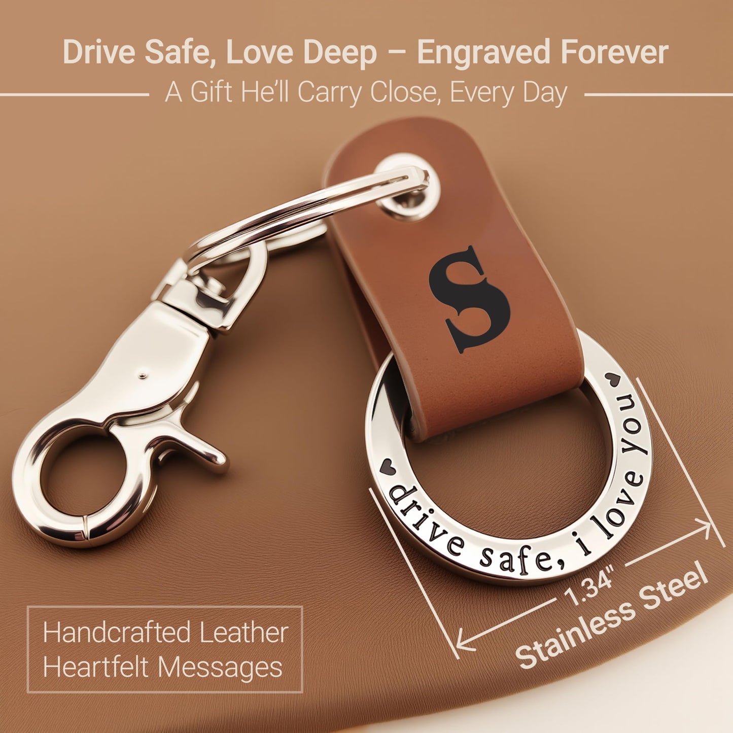 Japrex Embossed Leather Keychain, Personalized Keychain For Him, Engrave with Name Initial, Birthday Gift for Him, Dad, Boyfriend, New Driver Gifts, Couple Keychains (Initial S)