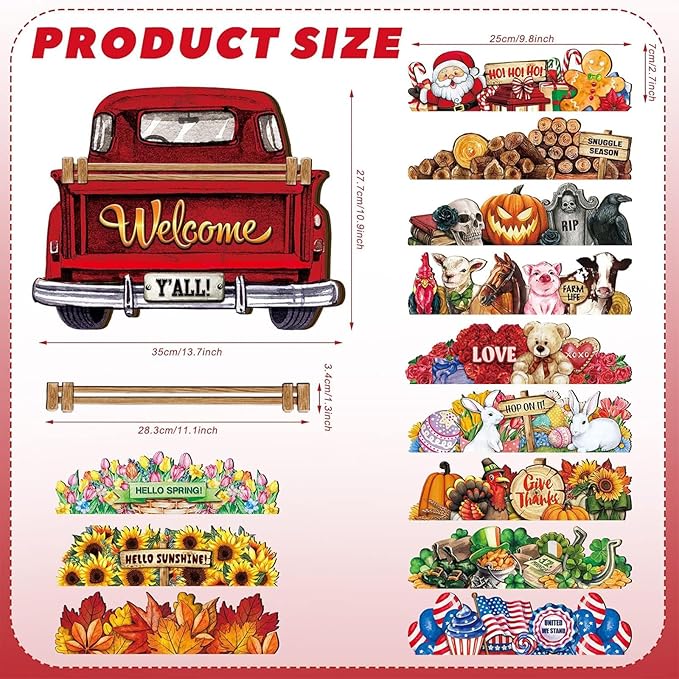 Ferraycle Interchangeable Christmas Welcome Sign for Front Door Farmhouse Truck Decor Rustic Hanging Sign with 12 Interchangeable Seasonal Holiday Decor for Christmas Fall Thanksgiving(Fresh Color)