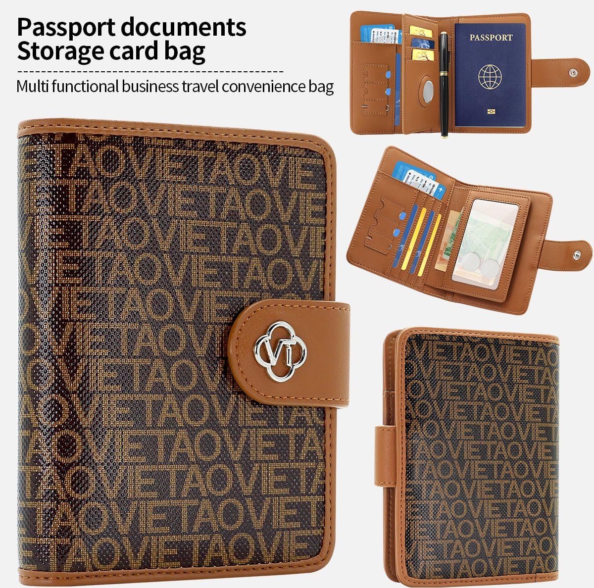 XIMAND Passport Holder Wallet Bag with AirTag Holder, Card Slots and Passport Solt Ticket Cash Solt, Photo Solt Sim Card Pen Slot.Brown