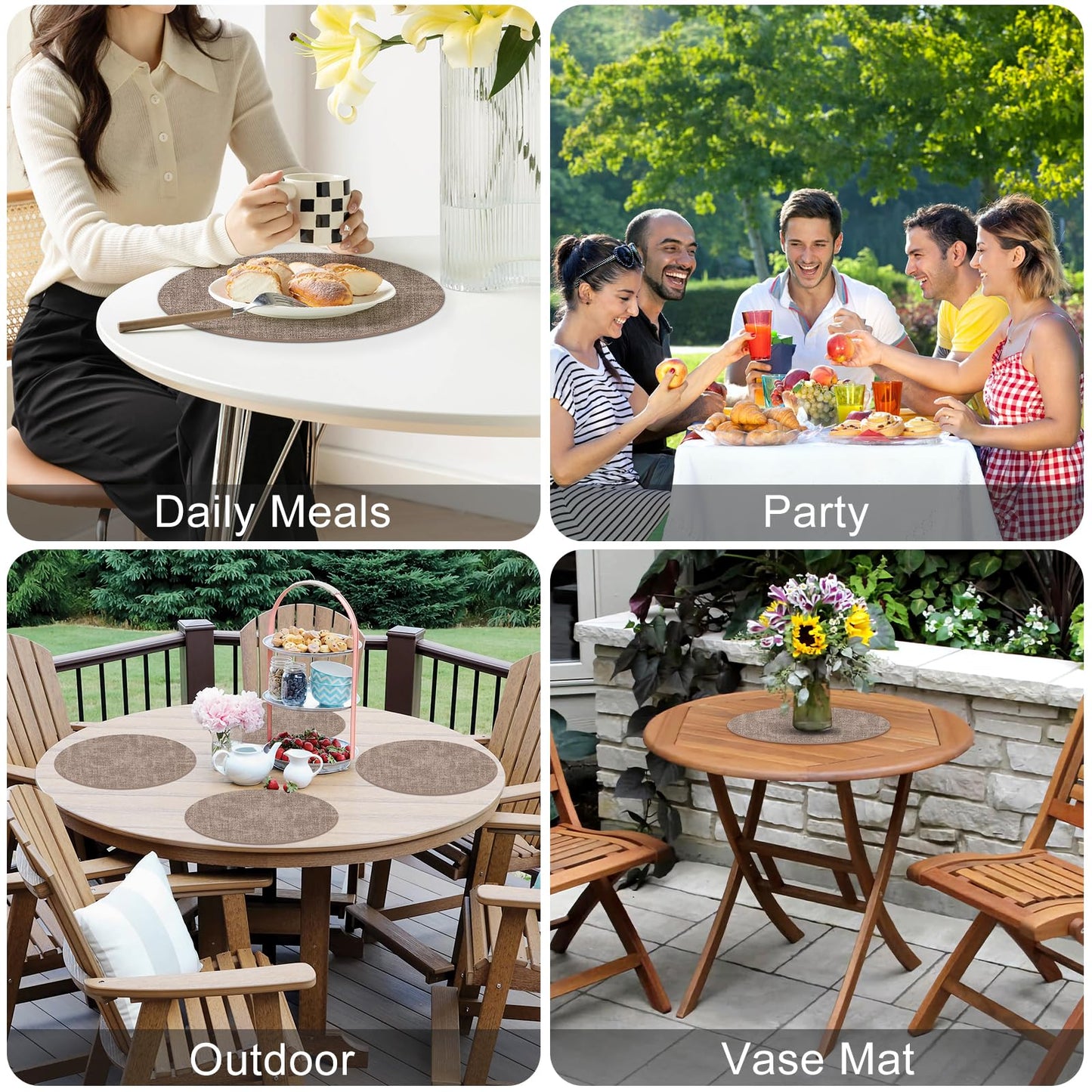 Homaxy Round Faux Leather Placemats and Coasters, Washable Dual-Side Table Mats, Wipeable Heat-Resistant Dining Place Mats for Outdoor and Indoor, Set of 8, Diameter 13 and 3.93 inch, Light Brown