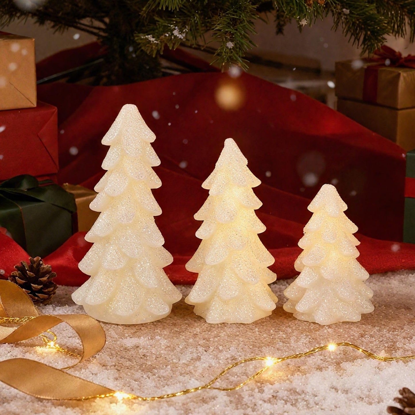 Peninpha 3Pcs Christmas Tree Candles with Remote Timer, Flickering Real Wax LED Flameless Candles Battery Operated for Xmas Winter Décor, White Glittering