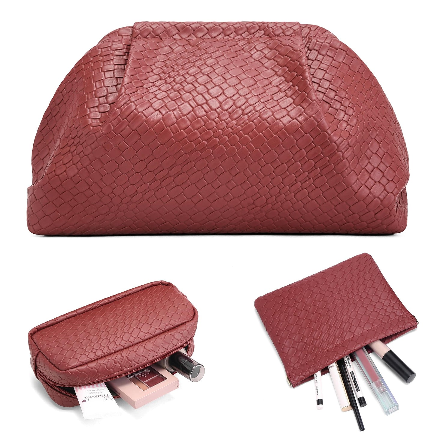 BOYATU Travel Makeup Bags for Women: Elegant Evening Woven Vegan Leather Make up Bag Clutch – 3 Pcs Set Large Capacity Compact Cosmetic Organizer for Purse,Bride Bridesmaid Gift (Red)