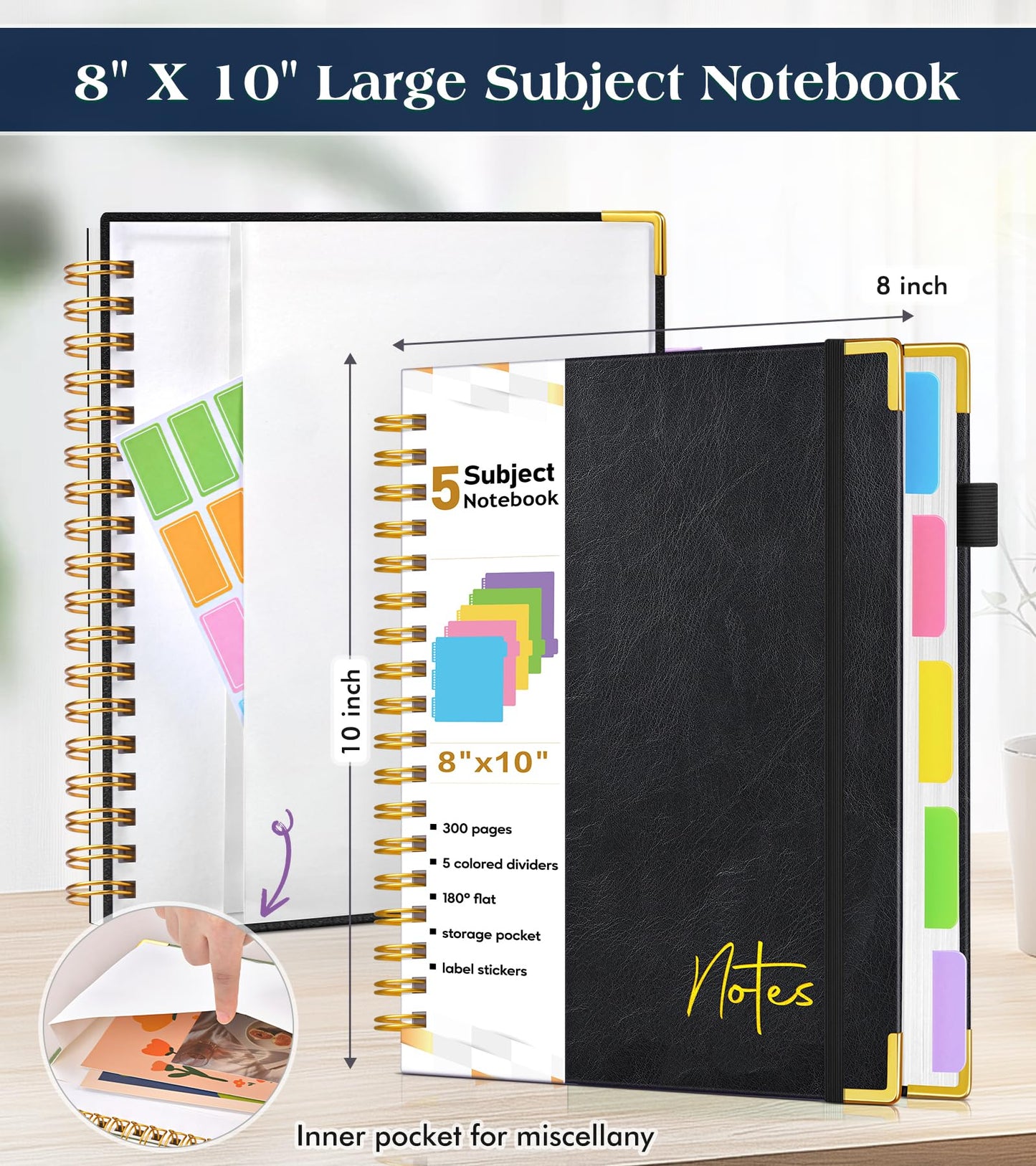 Spiral Notebook Journal with Removable Dividers Tabs, 300 Pages Hardcover Leather 5 Subject College Ruled Notebook, 8"x10" Large B5 Lined Journal for Women Men, Spiral Notebooks for Work School, Black