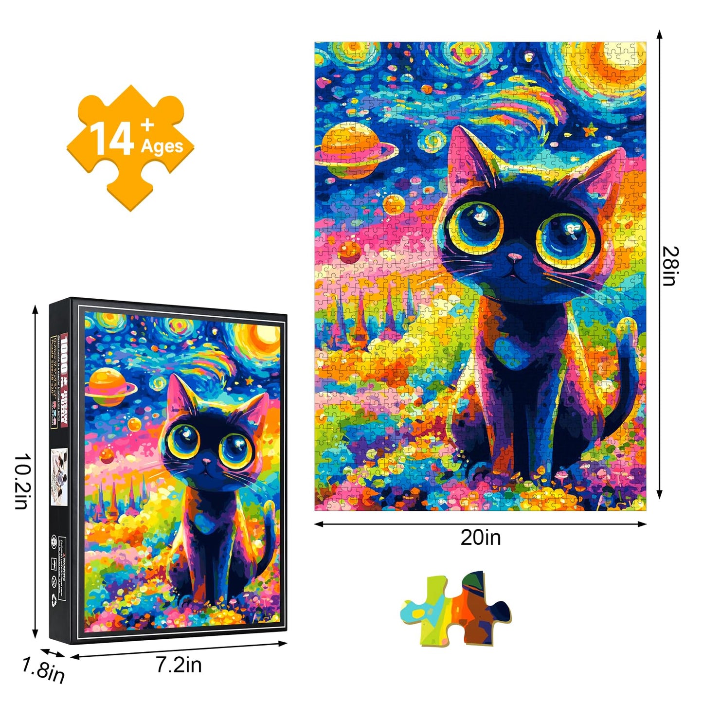 1000 Piece Jigsaw Puzzle for Adults, Vibrant Van Gogh-Inspired Starry Night Black Cat, Colorful Cosmic Space Art Puzzle with Planets & Stars, Stress Relief Puzzle for Cat Lovers