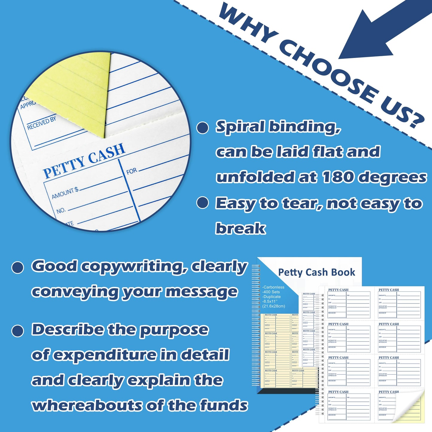 400 Sets Petty Cash Log Book 8.5 x 11 Inch 2 Part Conbonless Copy Petty Cash Receipt Book Cash Receipt Book Deposit Slips Carbonless Duplicate for Office Business Store Accounting (1)