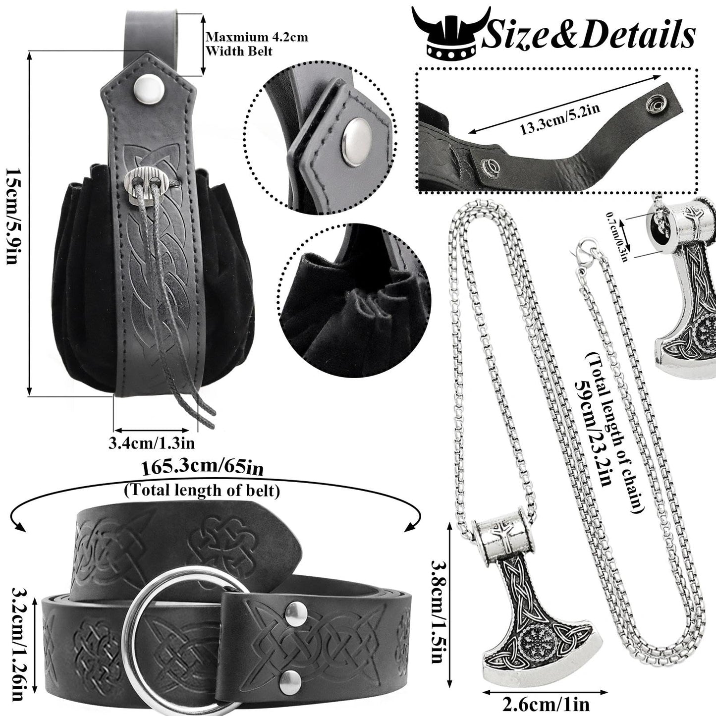 5pcs Medieval Viking Knight Bracers Arm Guards,Knight Belt,Drawstring Purse Pouch Bag and Stainless Steel Chain Axe Necklace Set for Renaissance Faires,LARP events,or Halloween costumes,5 Black set