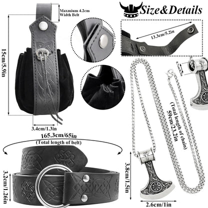5pcs Medieval Viking Knight Bracers Arm Guards,Knight Belt,Drawstring Purse Pouch Bag and Stainless Steel Chain Axe Necklace Set for Renaissance Faires,LARP events,or Halloween costumes,5 Black set