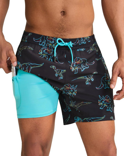 maamgic Mens Swim Trunks with Compression Liner 5 Inch, Quick Dry Bathing Suit with Zipper Pockets, Stretch No-Chafing Swim Shorts, Black-Colorful Dinosaur Small