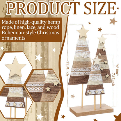 Cinnvoice Farmhouse Wooden Christmas Trees Tabletop Decorations Boho Christmas Tabletop Decor Rustic Wood Xmas Trees Hemp Rope Centerpieces Table Signs Home Decor for Shelf Windowsill