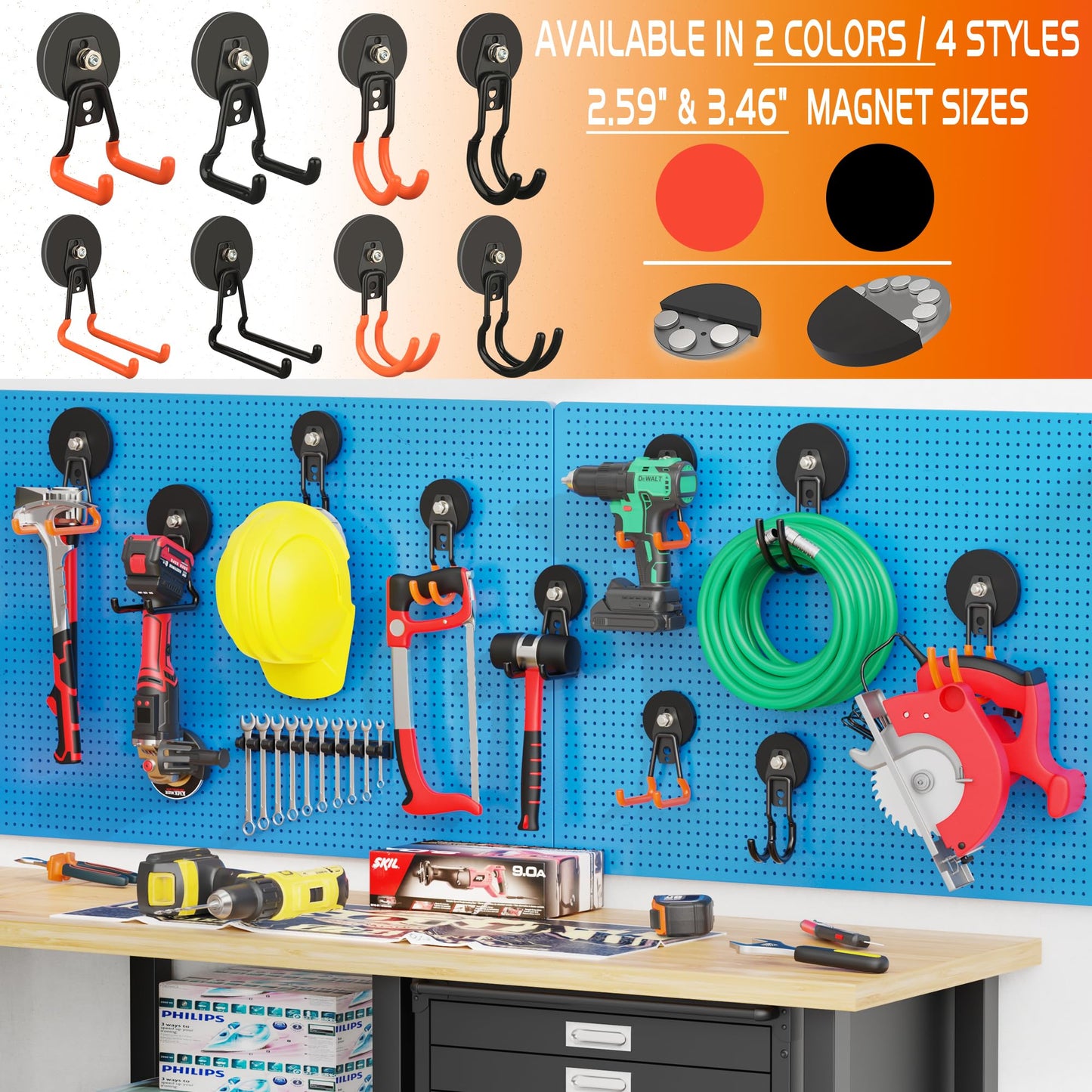 ULIBERMAGNET New Updated Gaint Magnetic Hooks,2 Pack Heavy Duty Large Magnetic Hooks for Extension Cord, Cable, Hose, Power Cord,Rope,Drill,Jig Saw,Circular Saw,Garden Lawn Tools (Black/3.46inch)