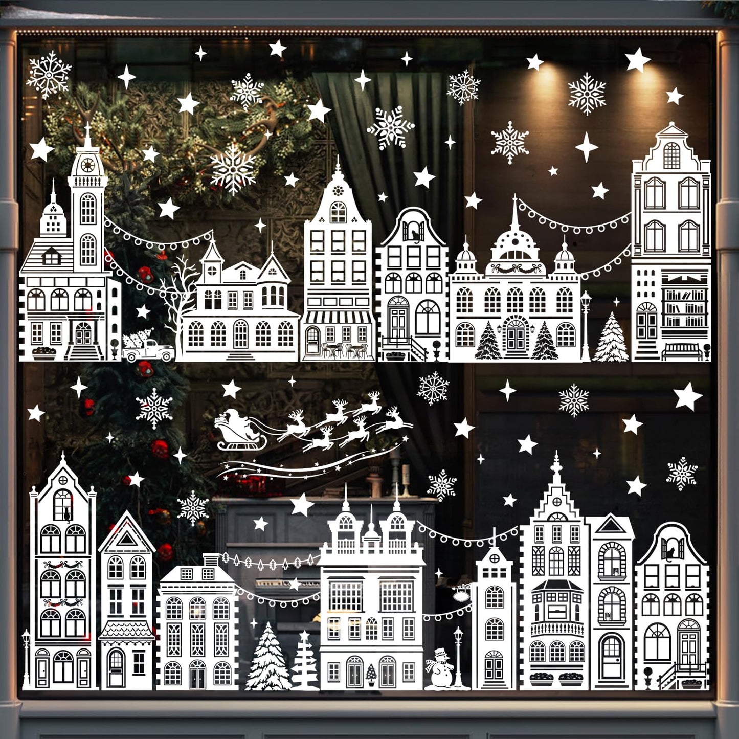 decalmile Merry Christmas White House Double Sided Window Clings Xmas Santa Claus Reindeer Snowflake Anti-Collision Glass Doors Window Stickers Decals