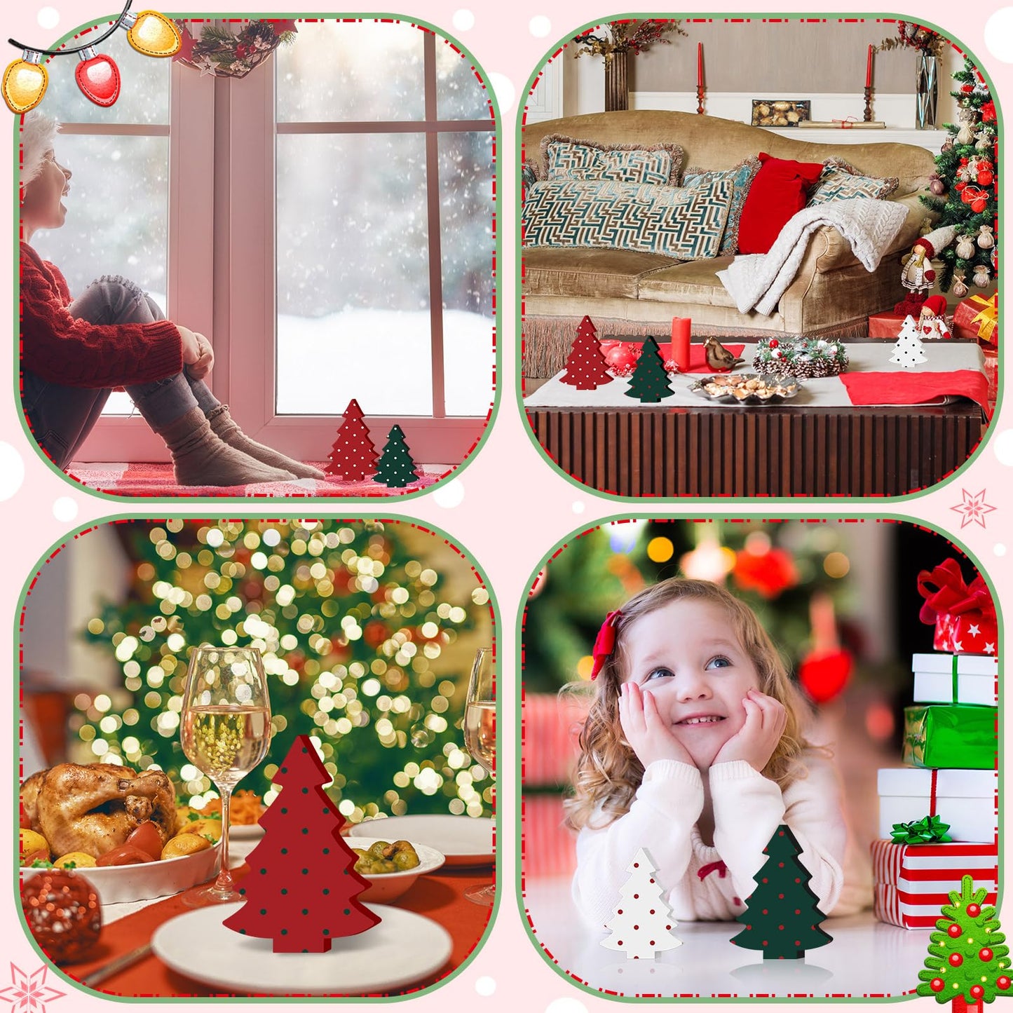 6 Pcs Christmas Tree Wooden Signs Table Decor Rustic Polka Dot Wood Xmas Trees Tiered Tray Decor Mini Buffalo Shelf Centerpiece Tabletop Wood Block Signs for Xmas Holiday Winter Home Decorations
