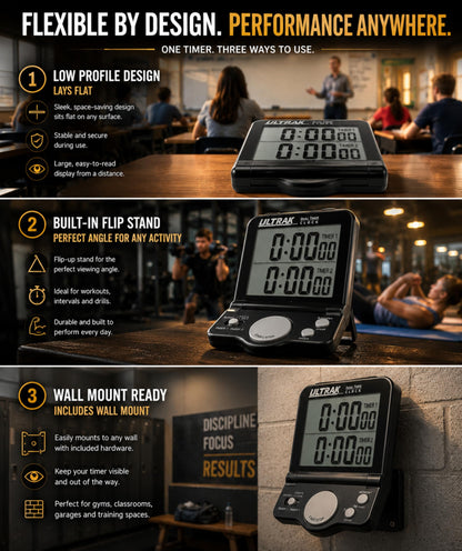 ULTRAK T-4 Jumbo Dual Timer – Large 1” Display Countdown & Count Up Timer, 24 Hour Range, Loud Alarm, Dual Memory, Wall Mount or Tabletop for Classroom, Gym, Office & Meetings