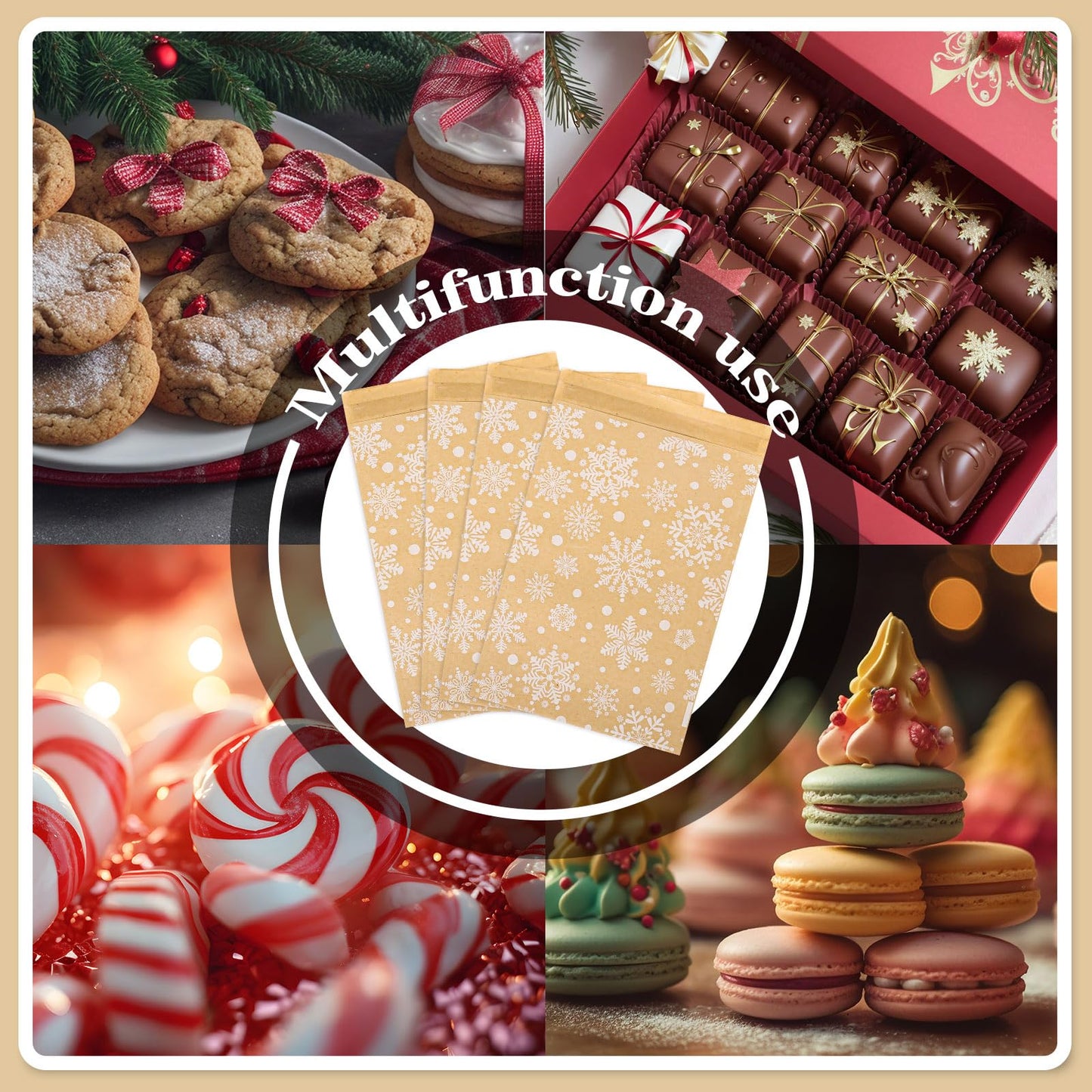 Whaline 100Pcs Christmas Kraft Treat Bags Self-Adhesive Winter White Snowflake Prints Goodie Snack Gift Bags Xmas Candy Buffet Kraft Bag for Holiday Party Favor Supplies