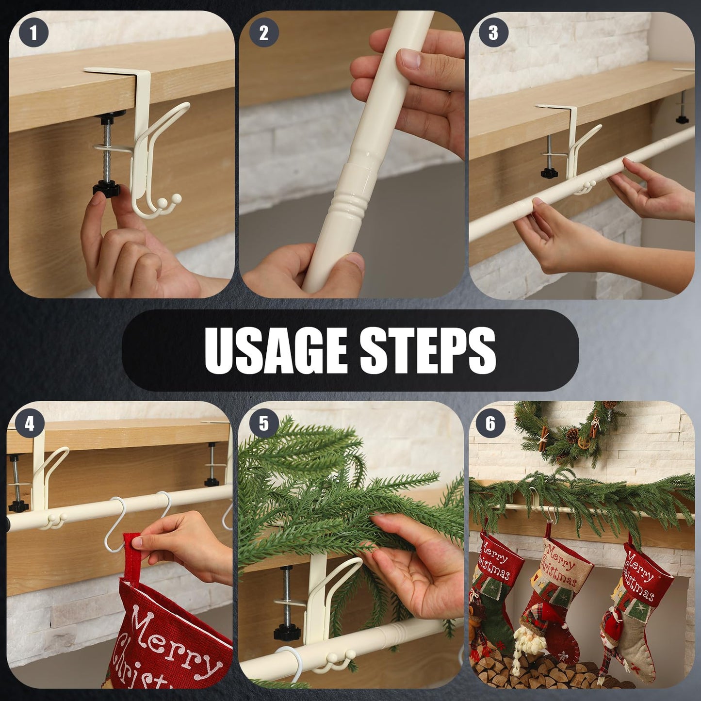 Hoolerry 3 in 1 Christmas Stocking Garland Hanger for Mantle Fireplace 3 Mantel Garland Hangers with 4 Adjustable Tension Rods 10 S Hooks for Xmas Holiday Stocking Wreath Hanging Ornament Decorations