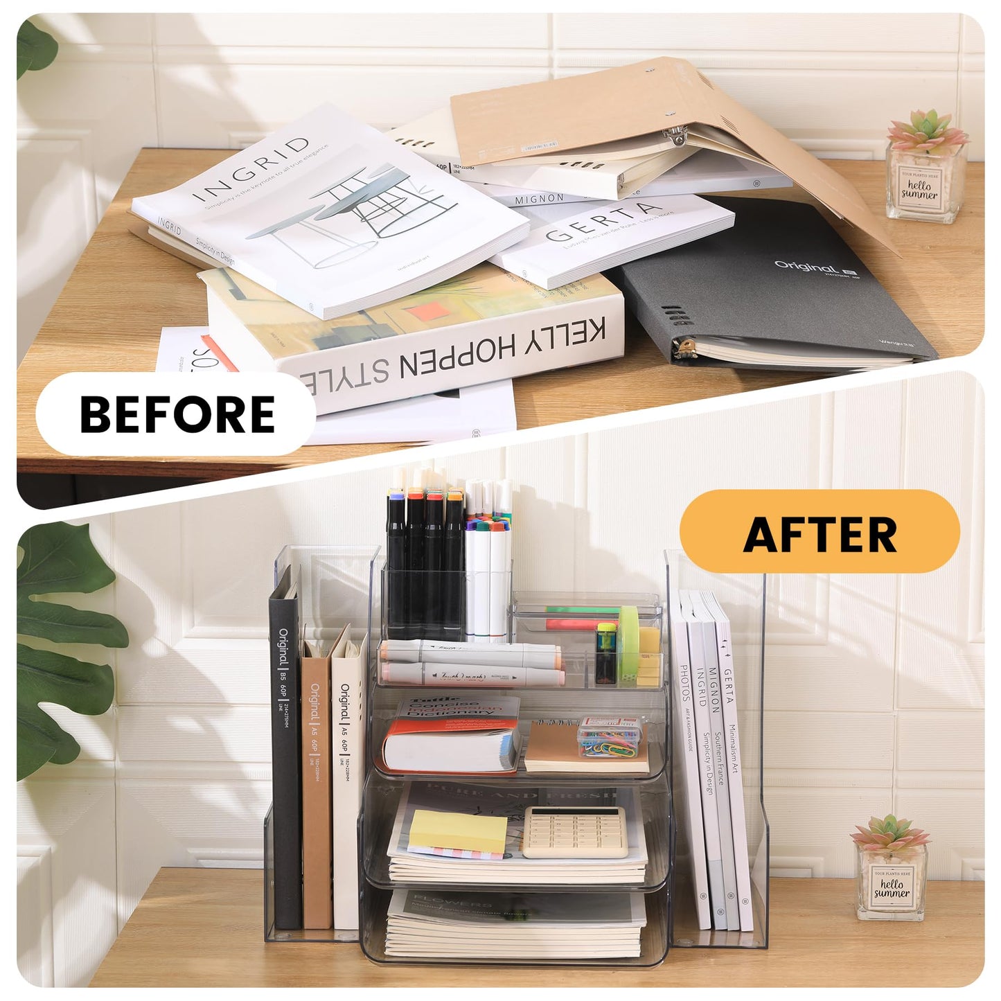 CiWiVOKi Desk Organizer with 2 Vertical File Holder, 4 Tier Stackable Paper Letter Tray File Organizer with 5-Compartments Pen Holder, Clear Desktop Organizer Office Organization and Storage