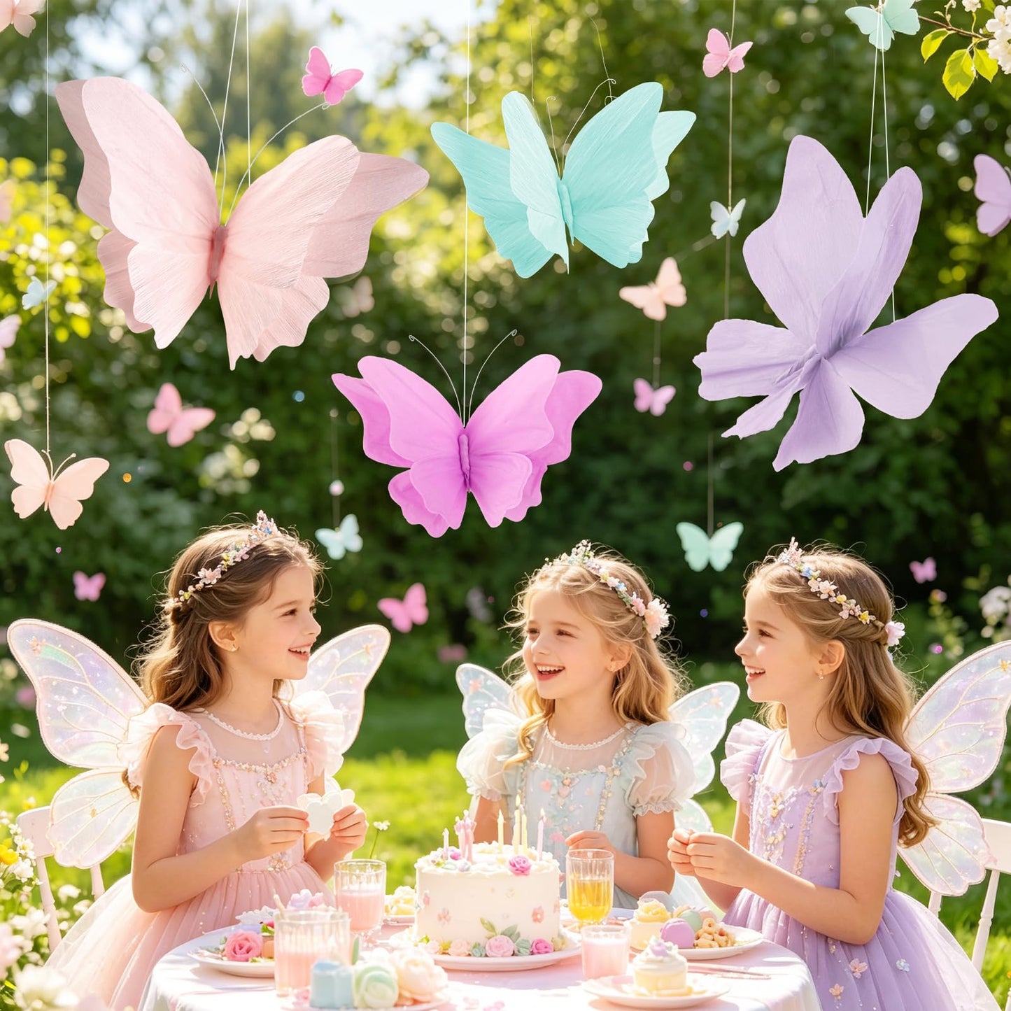 OBBOLO 3D Hanging Butterfly Decorations, Butterfly Birthday Party Decorations, 4 Pcs Crepe Paper Butterfly Hanging Decorations for Girls, Women, Flower Garden Party Decorations