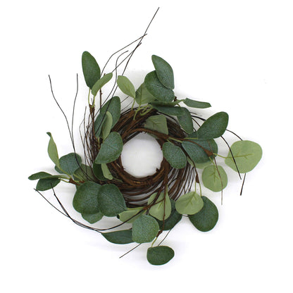 CVHOMEDECO. Rustic Country Artificial Eucalyptus Leaves and Twig Wreath, Year Round Full Green Wreath for Indoor or Outdoor Display, 9-Inch