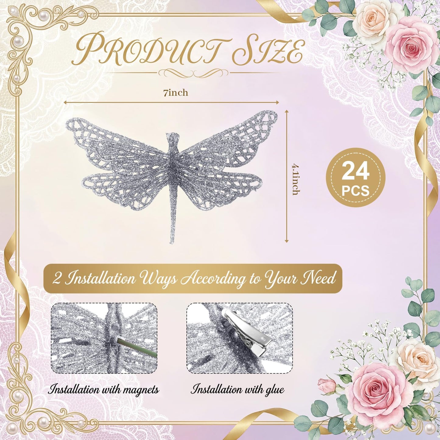 Motionchic 24 Pcs Glitter Dragonfly Decorations, Silver 3D Dragonfly Wall Decor with Clips Stem for Spring Summer Garden Party Wedding, Glitter Dragonflies for Floral Arrangement DIY Craft