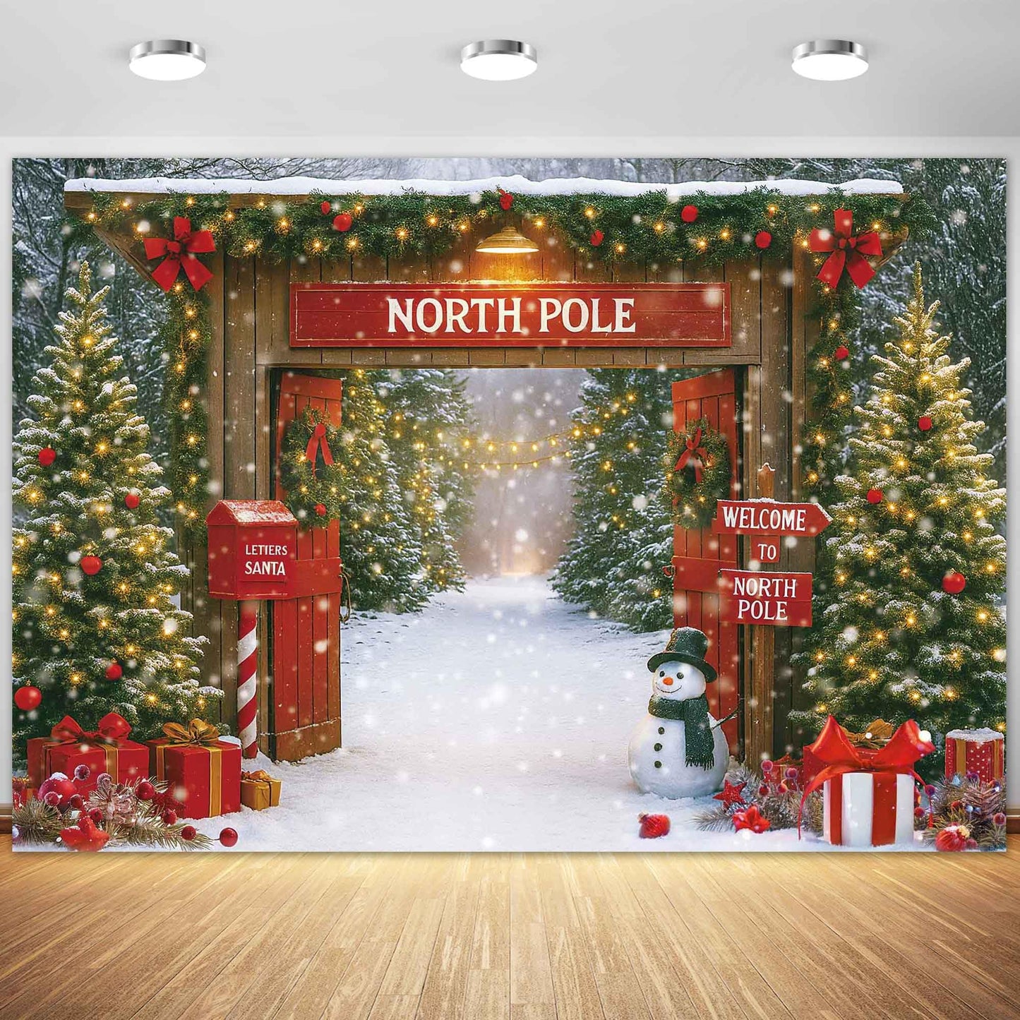 Fluzimir Christmas Photography Backdrop 7x5ft – Rustic Snowy Forest Barn Door with Xmas Tree, North Pole Winter Scene Fabric Photo Background for Family Party, Baby Holiday Photos