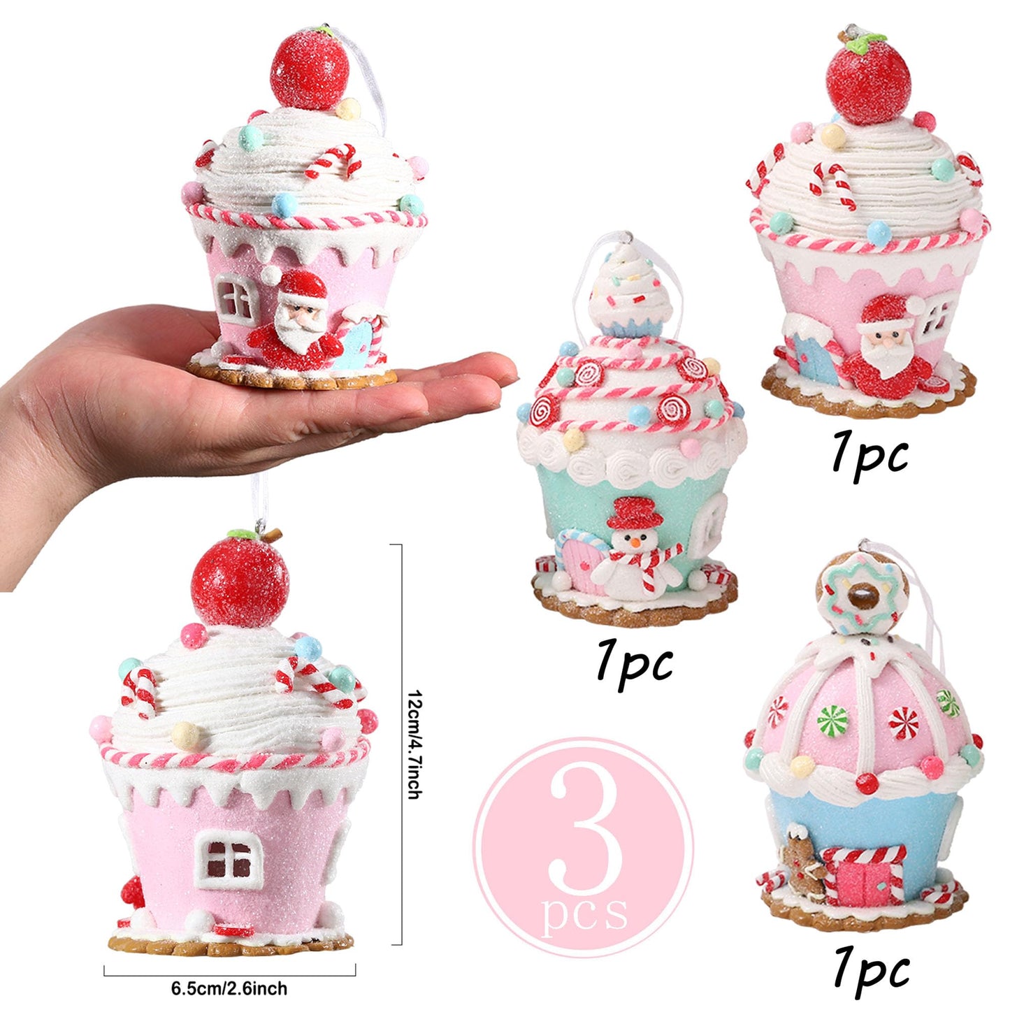 3Pcs Macaron Gingerbread House Ornaments for Christmas Tree, Lighted LED Clay Candy House Hanging Ornaments with Rope for Xmas Holiday Party New Year Home Decor