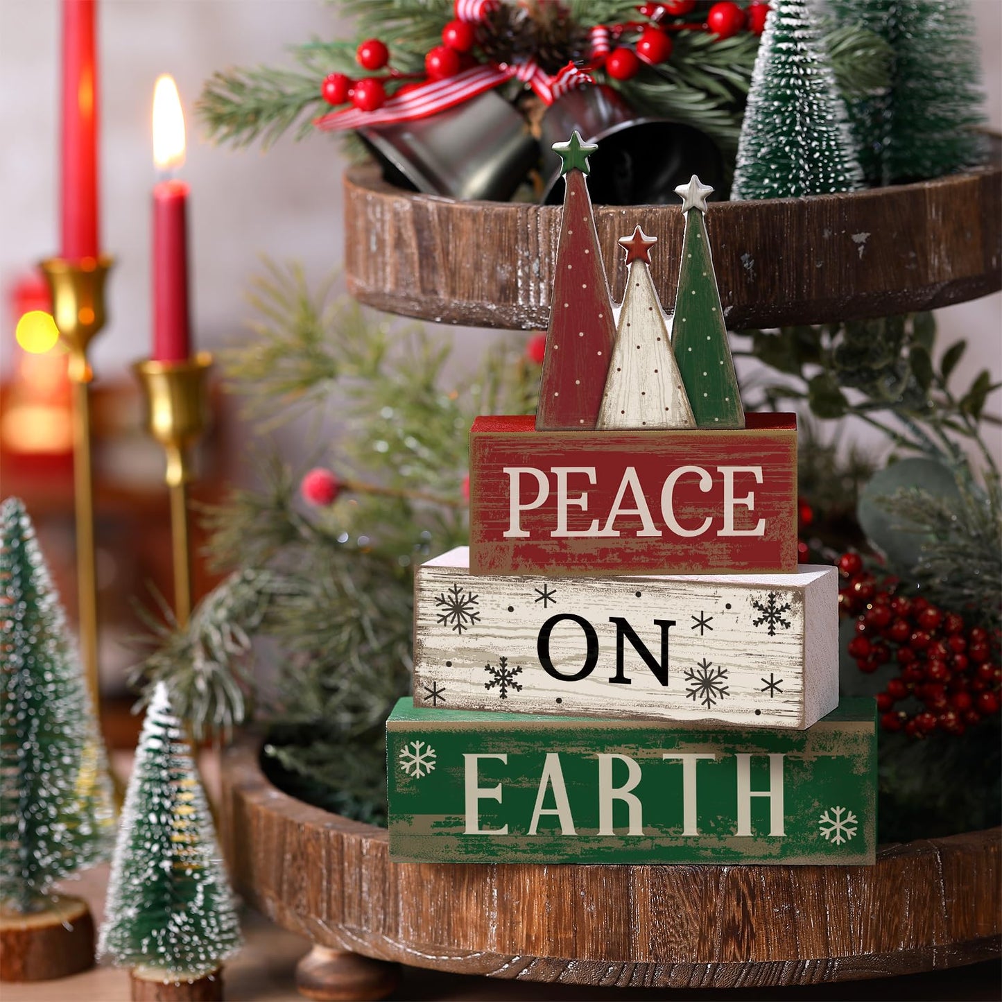 Lineshading 4 Pcs Christmas Table Decoration Wooden Christmas Tree Sign Winter Tiered Tray Decor Decorative Red Green and White Tree Block Signs Xmas Table Centerpiece Farmhouse Decor for Home Kitchen