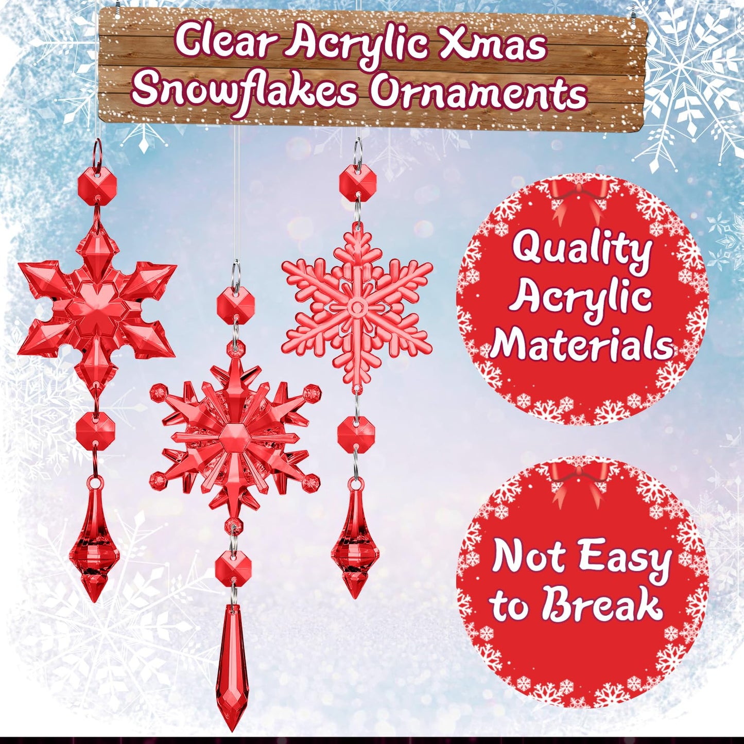 Boao Red 15 Pcs Crystal Snowflake Ornaments for Winter Acrylic Snowflake Decorations Wonderland for Party Favor Celebration
