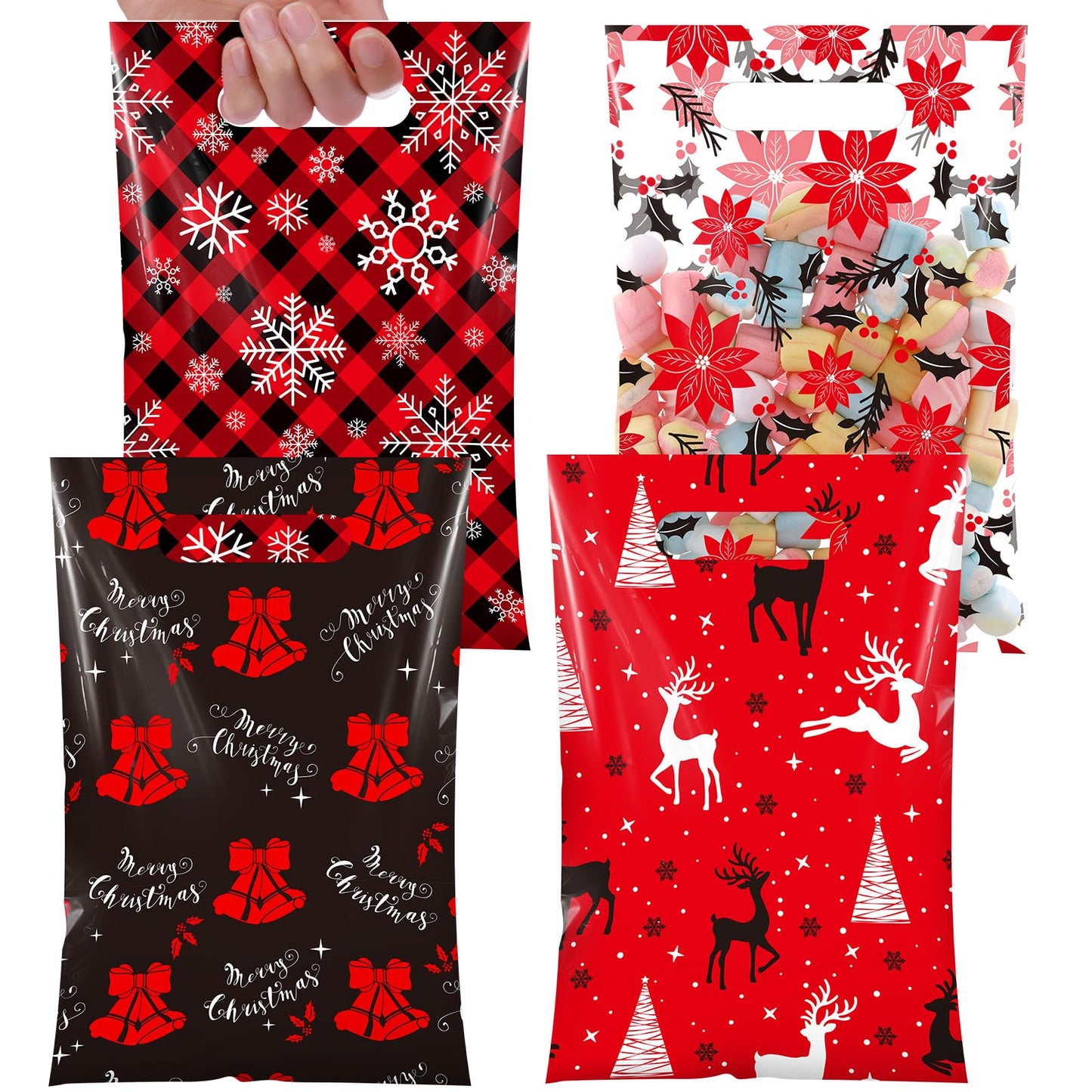 Teenyyou 60 Pcs Christmas Party Gift Bags Plastic Poinsettias Treat Bags Plaid Snowflakes Bells Reindeer Candy Goodie Handbags for Festive Holiday Winter Theme Favors Supplies