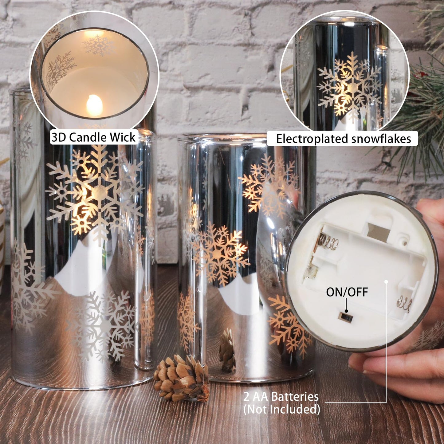 Crystal Club Christmas Flameless Candles with Remote, Set of 3, Snowflake Plating Battery Operated LED Candles, Glass Effect Pillar Candle Flickering with Remote for Home Decor
