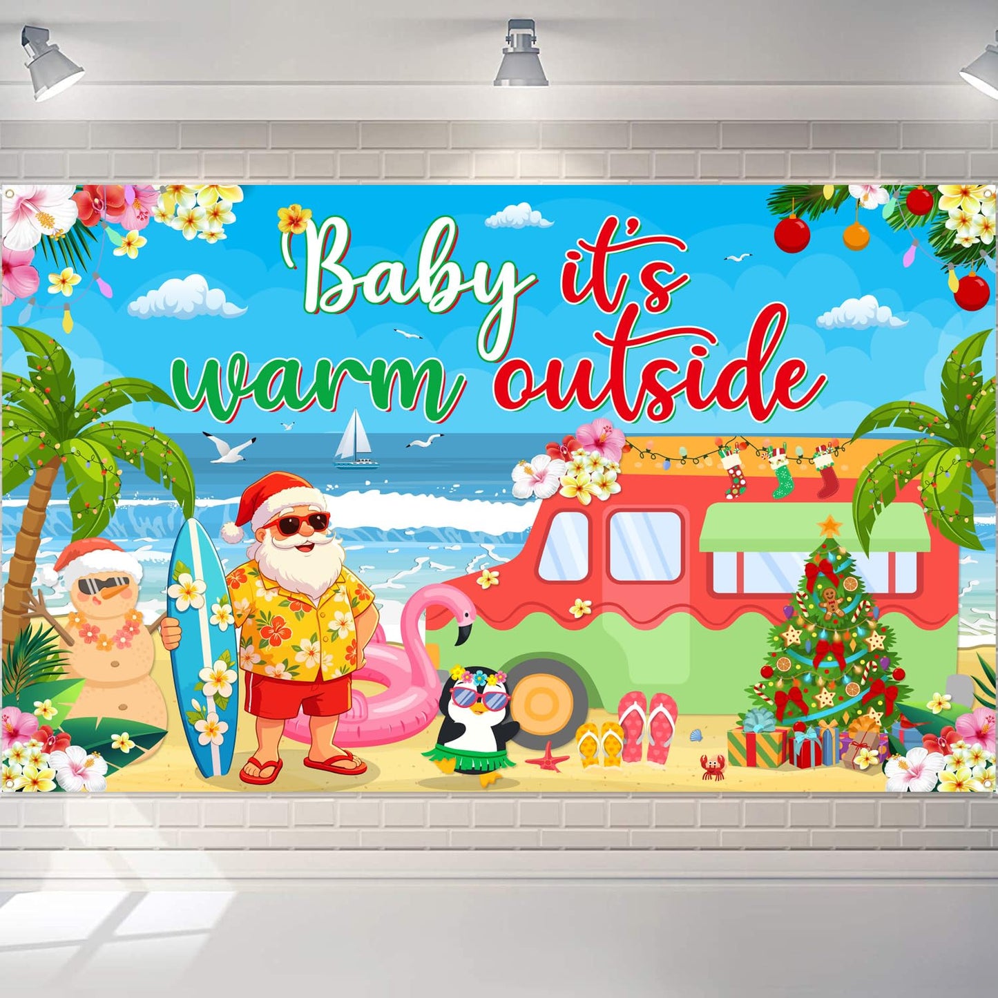 Christmas in July Backdrop 72x43 Inch Polyester Fabric, Baby Its Warm Outside Summer Santa Beach Party Decorations, Tropical Holiday Photo Background for Pool Luau Wall Decor