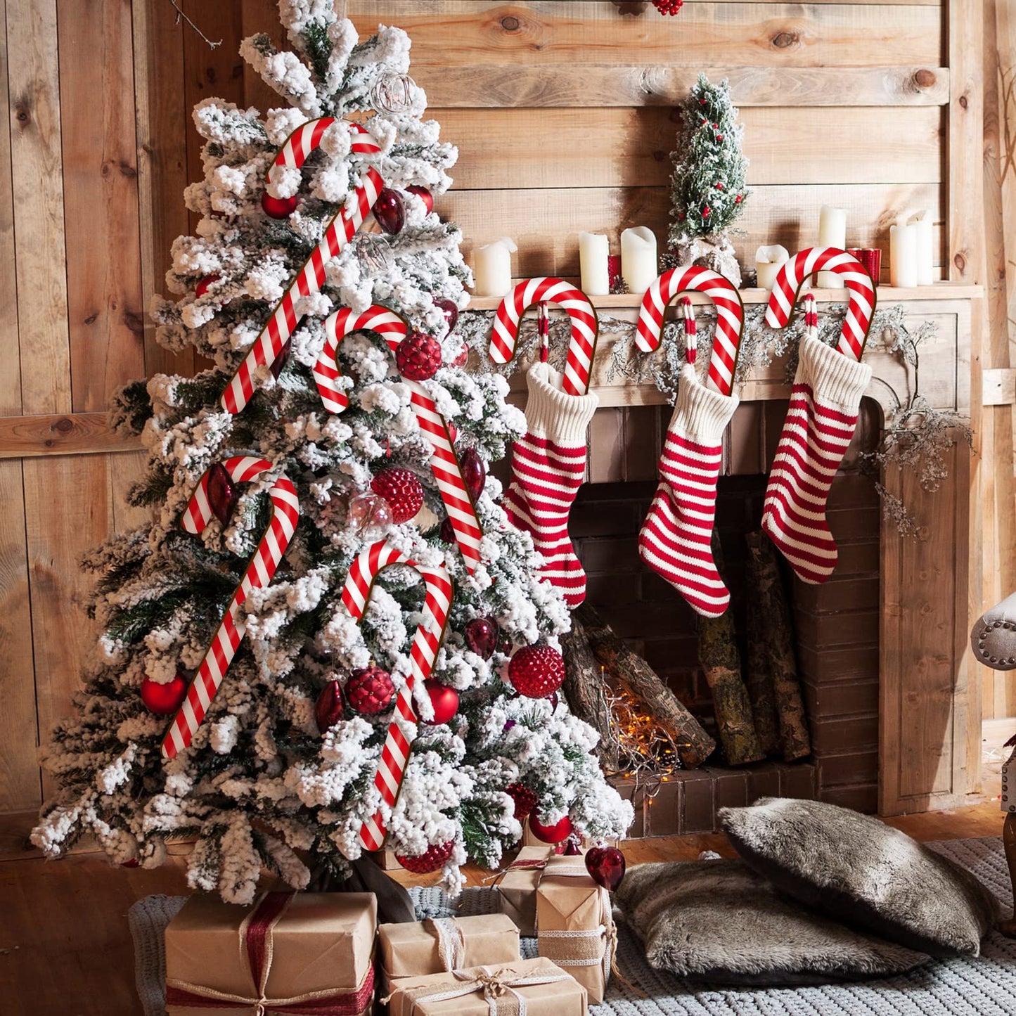 Large Size 4 Pcs 15.7 Inch Christmas Large Candy Canes for Tree Decorations Red and White Giant Candy Cane Props Bulk Xmas Hanging Ornaments Rustic Wood Flat for Party Supplies DIY Crafts Photoshoot