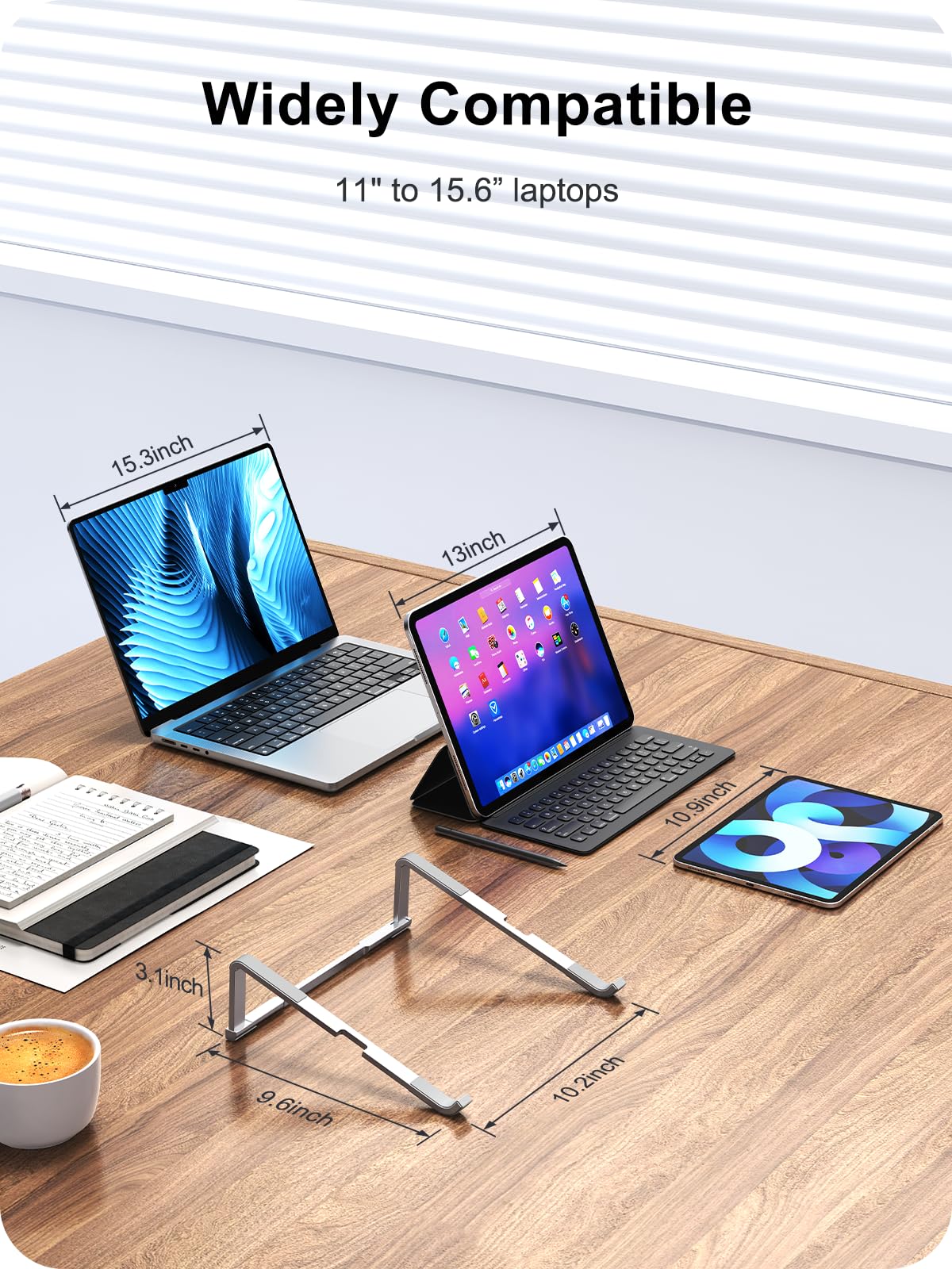 MOKURU Laptop Stand for Desk, Aluminum Computer Stand for Laptop, Foldable Laptop Riser, Portable Laptop Stand, Compatible for MacBook Pro/Air, Dell, HP, Lenovo, 11'' -15.6'' (Silver)