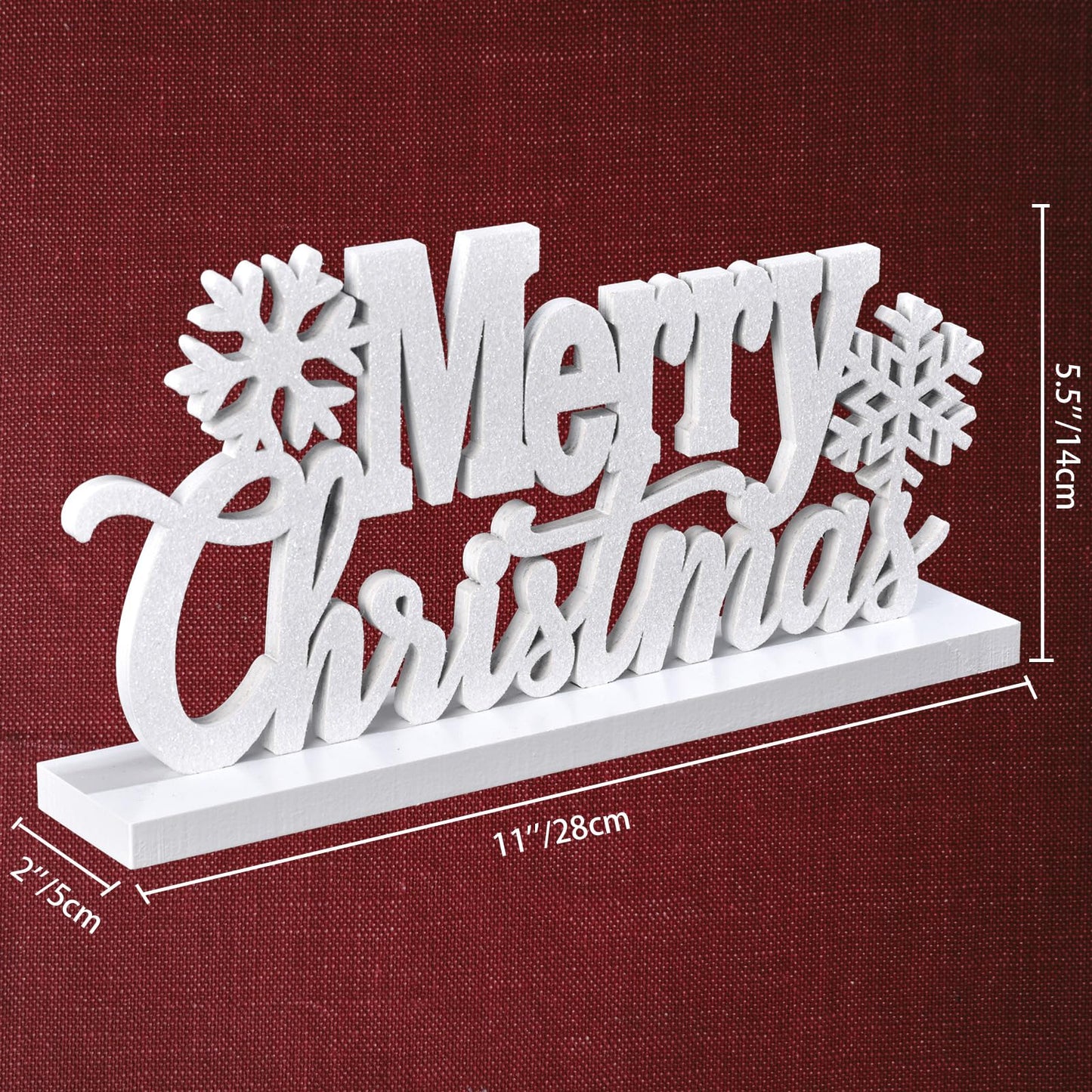 Wooden Merry Christmas Tabletop Decor, Elegant Wood Cutout with Glitter, Wooden Xmas Table Sign, Christmas Centerpiece for Xmas Party Decor for Table Tiered Tray Mantel (White)