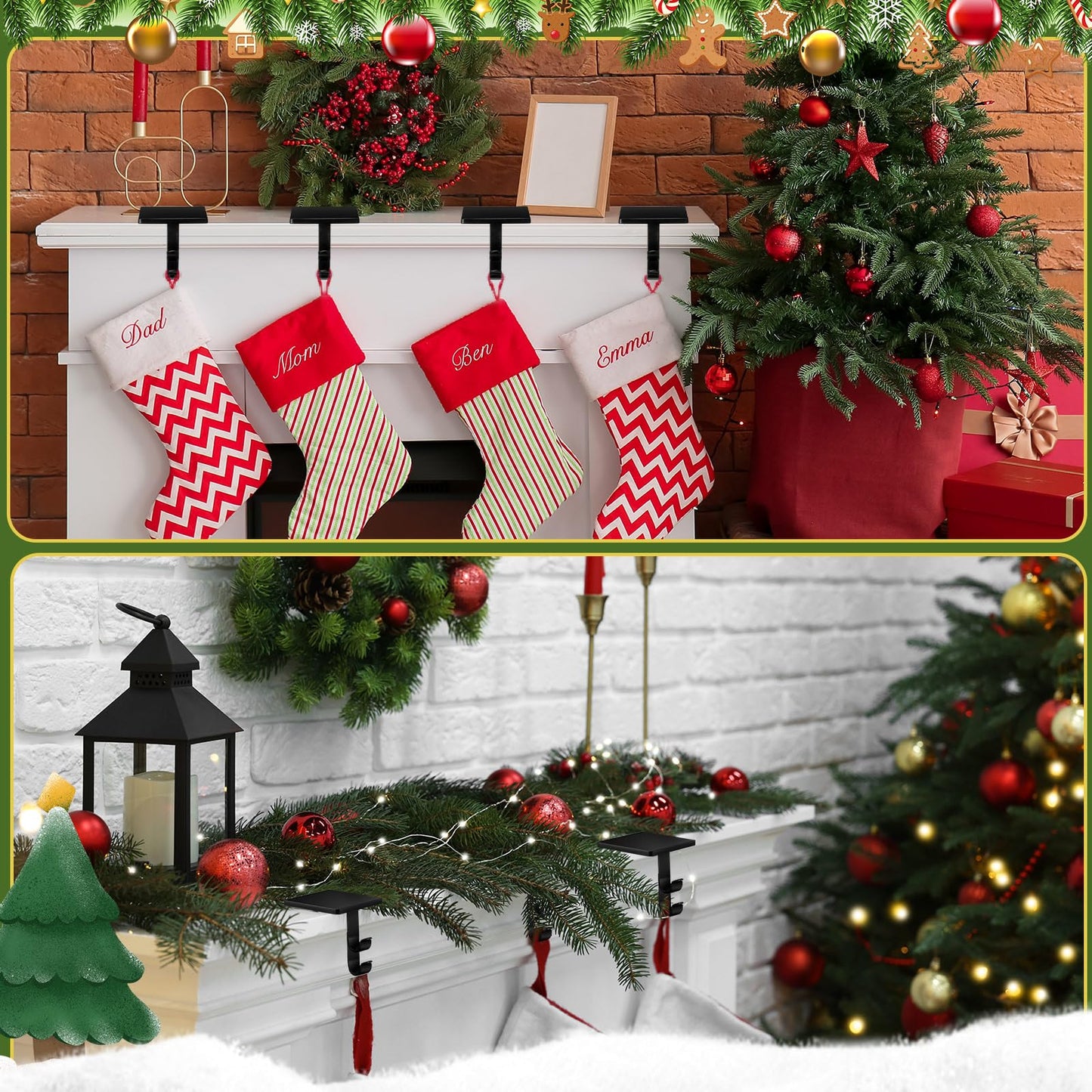 Zhengmy 2 Pcs 2 in 1 Fireplace Stocking and Garland Hangers Heavy Duty Metal Christmas Stocking Holder for Mantle, Two Hooks Hangers for Garland Balls Fireplace Xmas Holiday Party Decoration (Black)