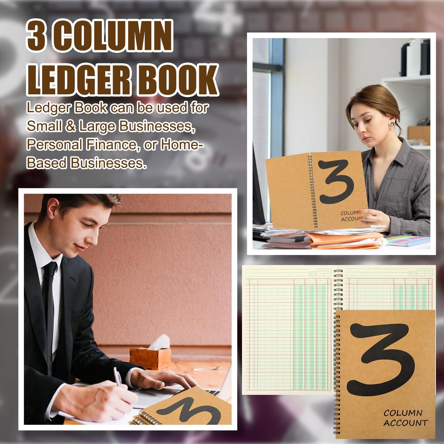 2 Pcs Accounting Ledger Book 3 Column 7 * 9.25inch Columnar Notebook Columnar Pad 3 Columns Kraft Paper Cover 100 Pages for Personal Use Small Business(50 Sheet)