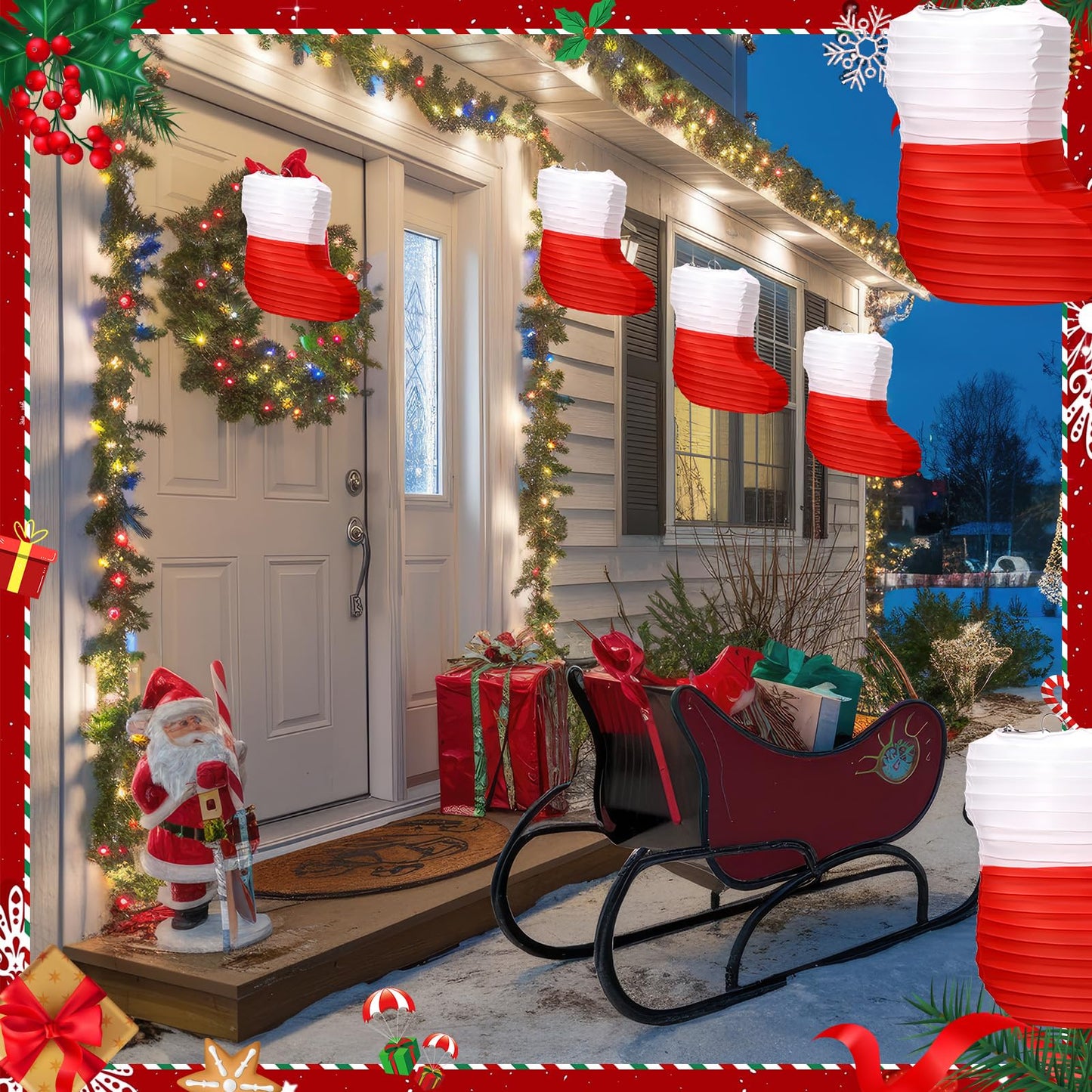Hortsun 12 Pcs Christmas Paper Lanterns Christmas Stocking Paper Lanterns 8 Inch Red White Xmas Stocks Honeycomb Foldable Hanging Lantern for Xmas New Year Holiday Party Indoor Outdoor Hanging Decor