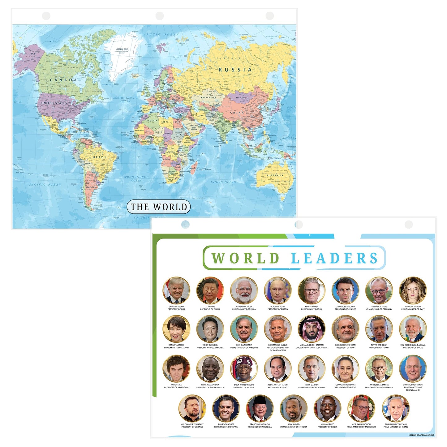 World Map & World Leaders Reference Page – Laminated, Double-Sided 3-Ring Binder Insert – Durable Gloss Global Geography & Leadership Chart for Study (2 Pack)