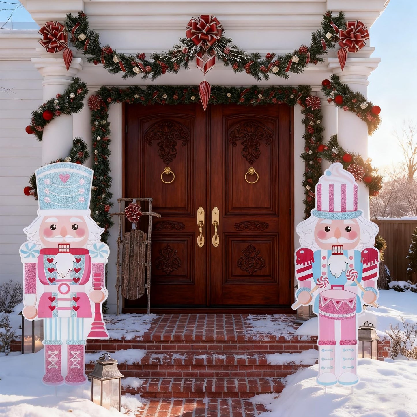 2 Pcs Large Christmas Nutcracker Yard Signs Nutcracker with Stakes Pink Nutcracker Yard Decorations Xmas Soldier Lawn Decorations Outdoor Garden Sign Porch Decor for Winter Holiday Party