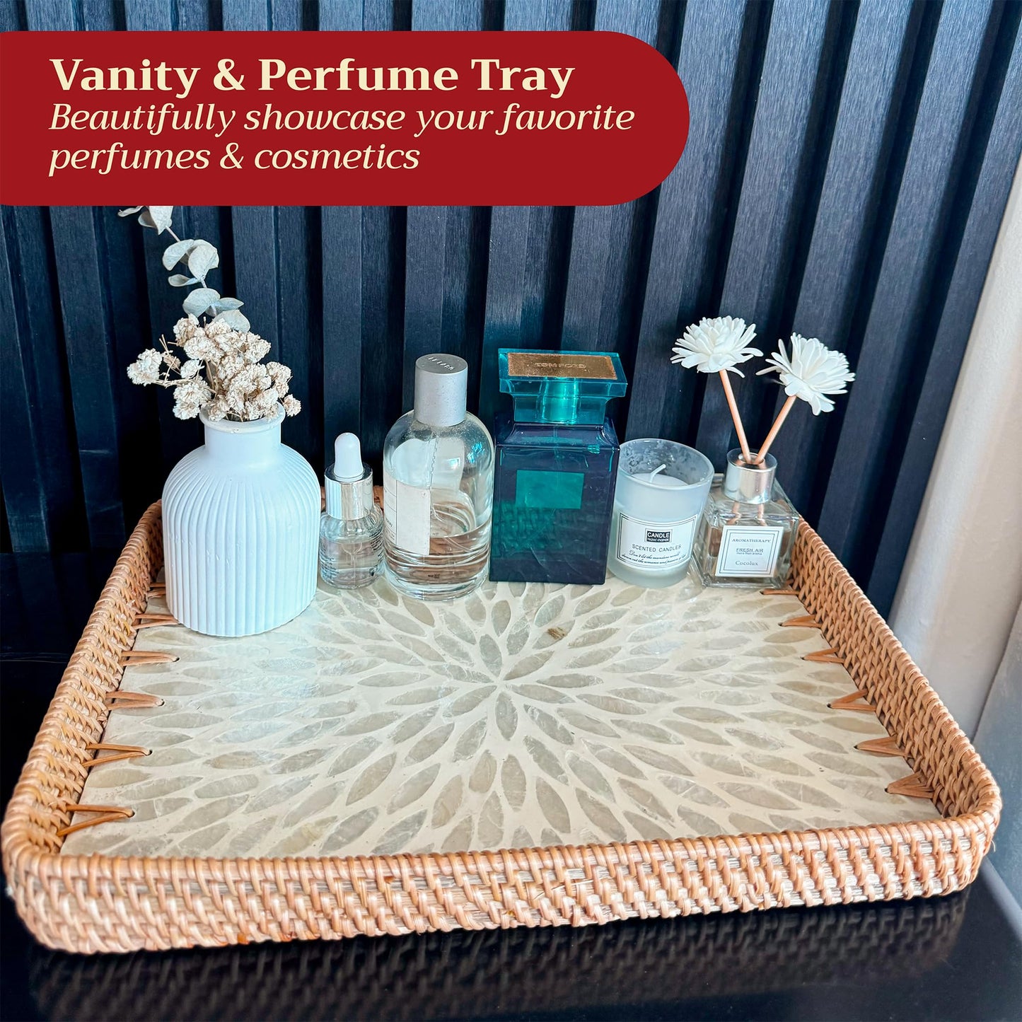 Rattan Tray Rectangle with Mother of Pearl – Unique Decorative Rattan Serving Tray for Food, Bread, Fruits, Snacks & Organizing Bathroom, Coffee Table – Christmas & Housewarming Gift (White 13.3"x9.4)