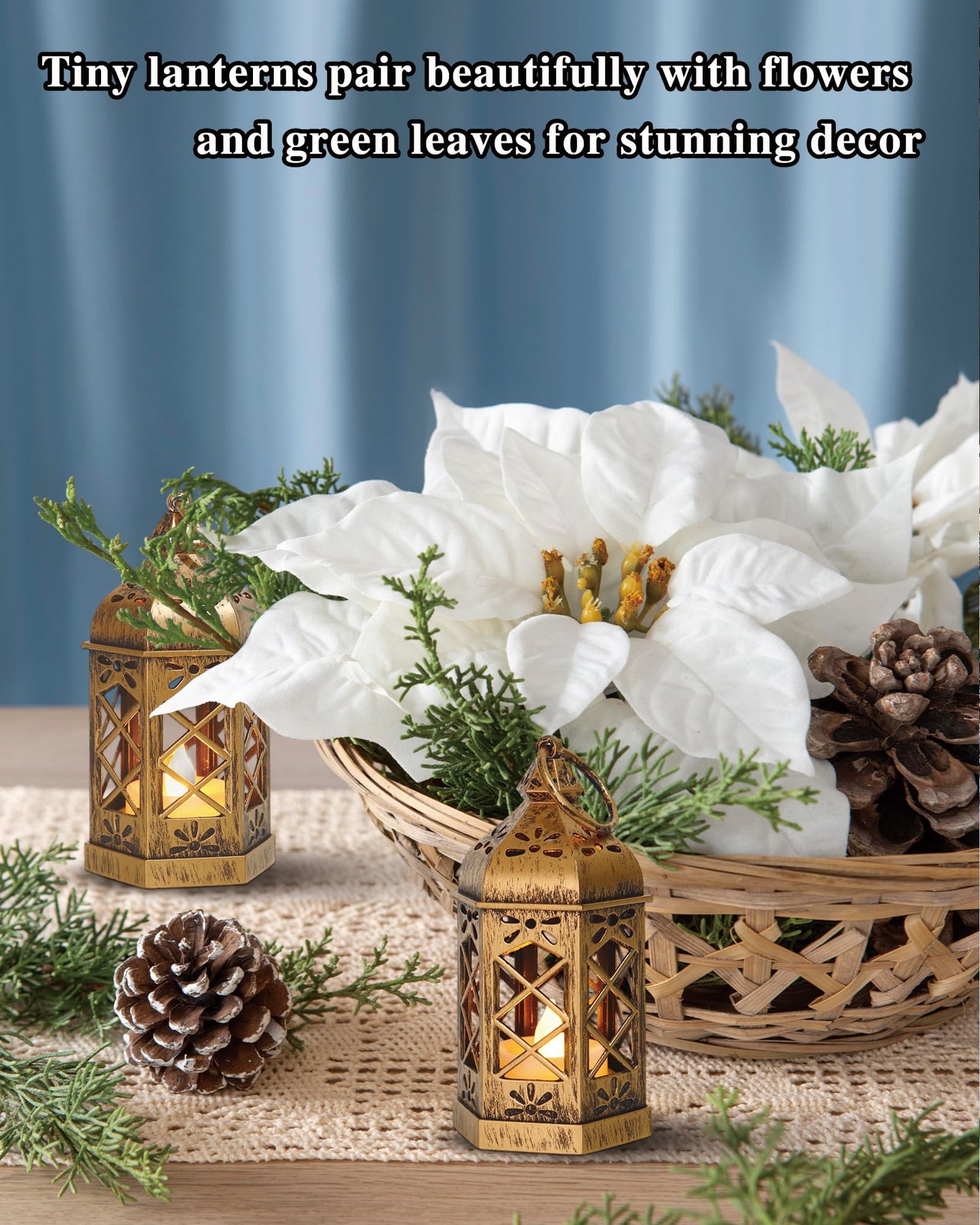 Reperla 8-Pack Mini Lanterns, Small Decorative Lanterns with Flickering LED Candles for Ramadan, Christmas, Wedding, Hanging Moroccan Lantern, Table Centerpiece, Baby Shower Decorations, Bronze