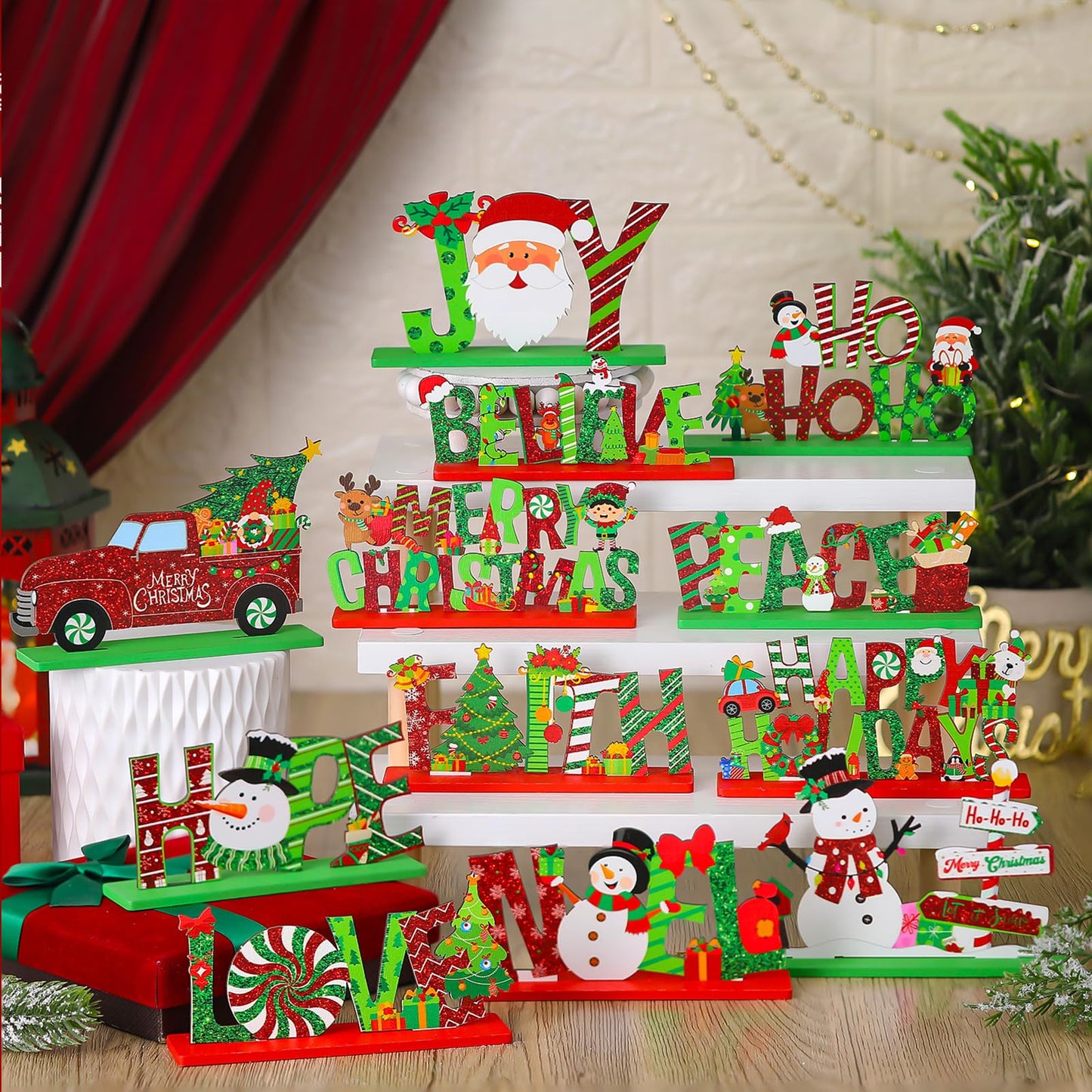 Marsui 12 Pcs Christmas Wooden Table Decor Xmas Decorative Home Table Centerpiece Merry Christmas Wood Signs Lime Green and Red Hope Believe Joy Noel Peace Love Wooden Signs for Party Decoration