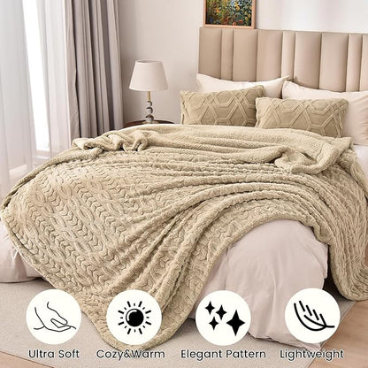 PHF Fluffy Sherpa Blanket Twin Size for Winter, Warm and Soft, 510GSM 3D Jacquard Thick Shaggy Fleece Plush Blanket for Sofa Bed, Khaki, 60"x80"